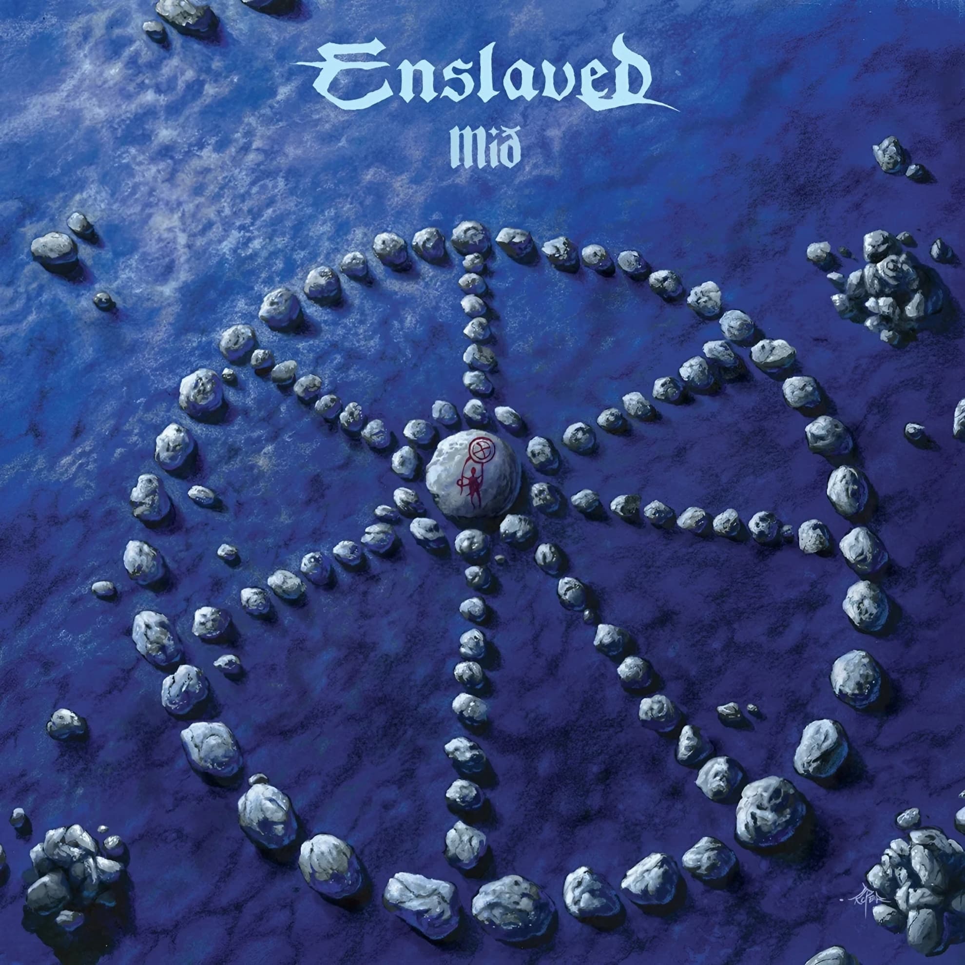 Enslaved, ‘Mið’ album cover: a stone circle with radiating spokes on deep blue ground, a carved rune stone at center.