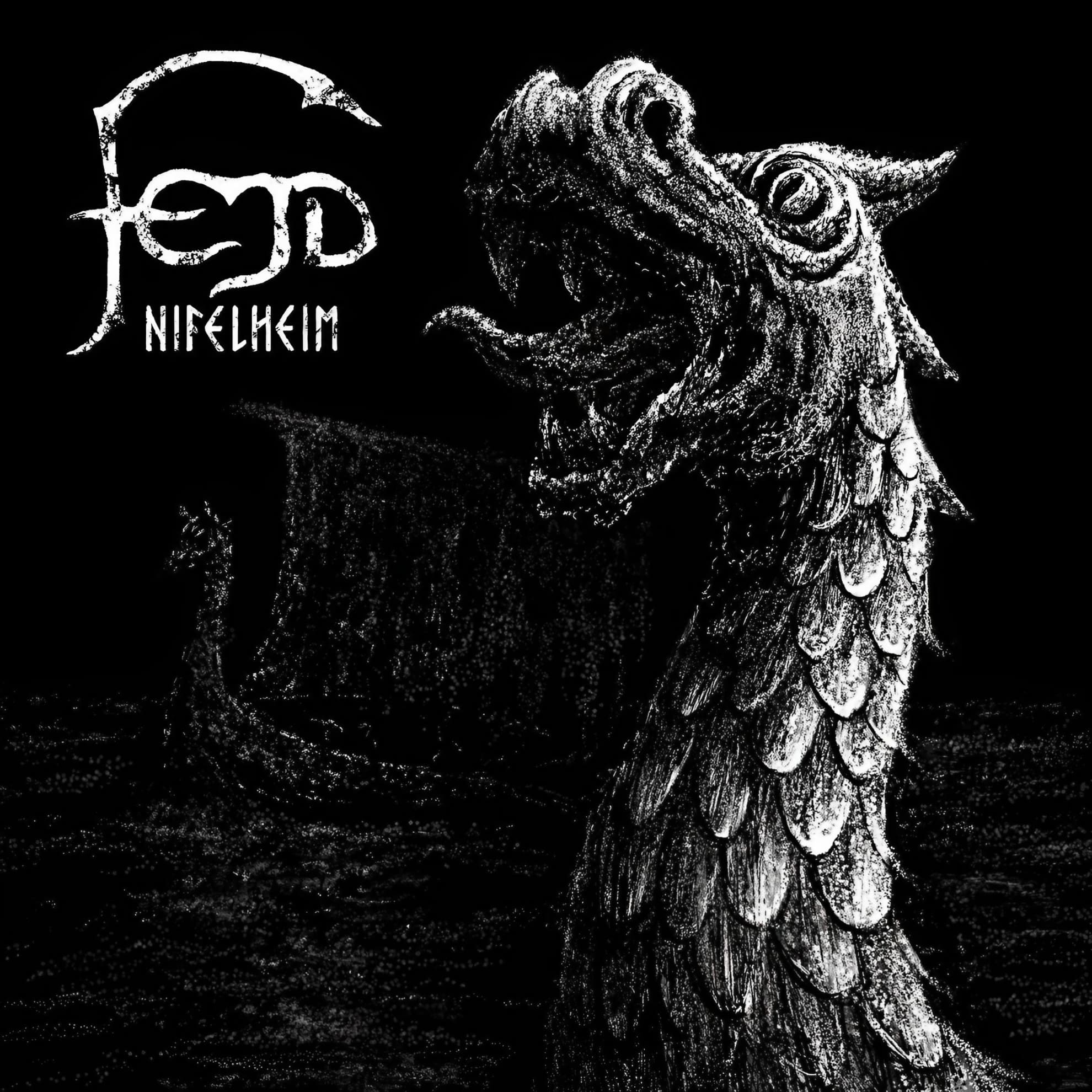 Cover art for Fejd’s ‘Nifelheim,’ a horned, scaled dragon head rendered in black and white above a ship’s silhouette.