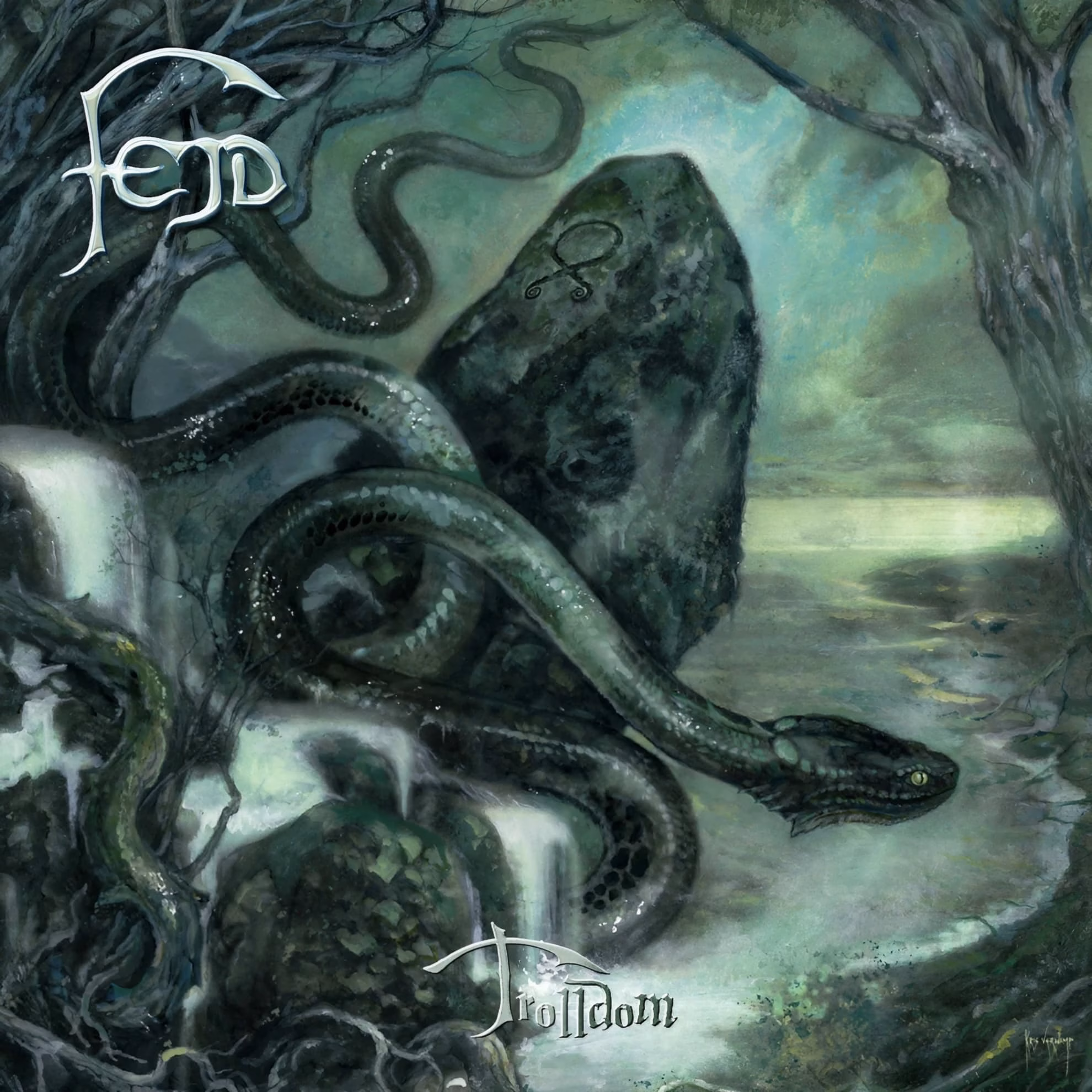 Cover art for Fejd’s ‘Trolldom,’ a painted serpent coiled around a rune-marked standing stone in green mist.