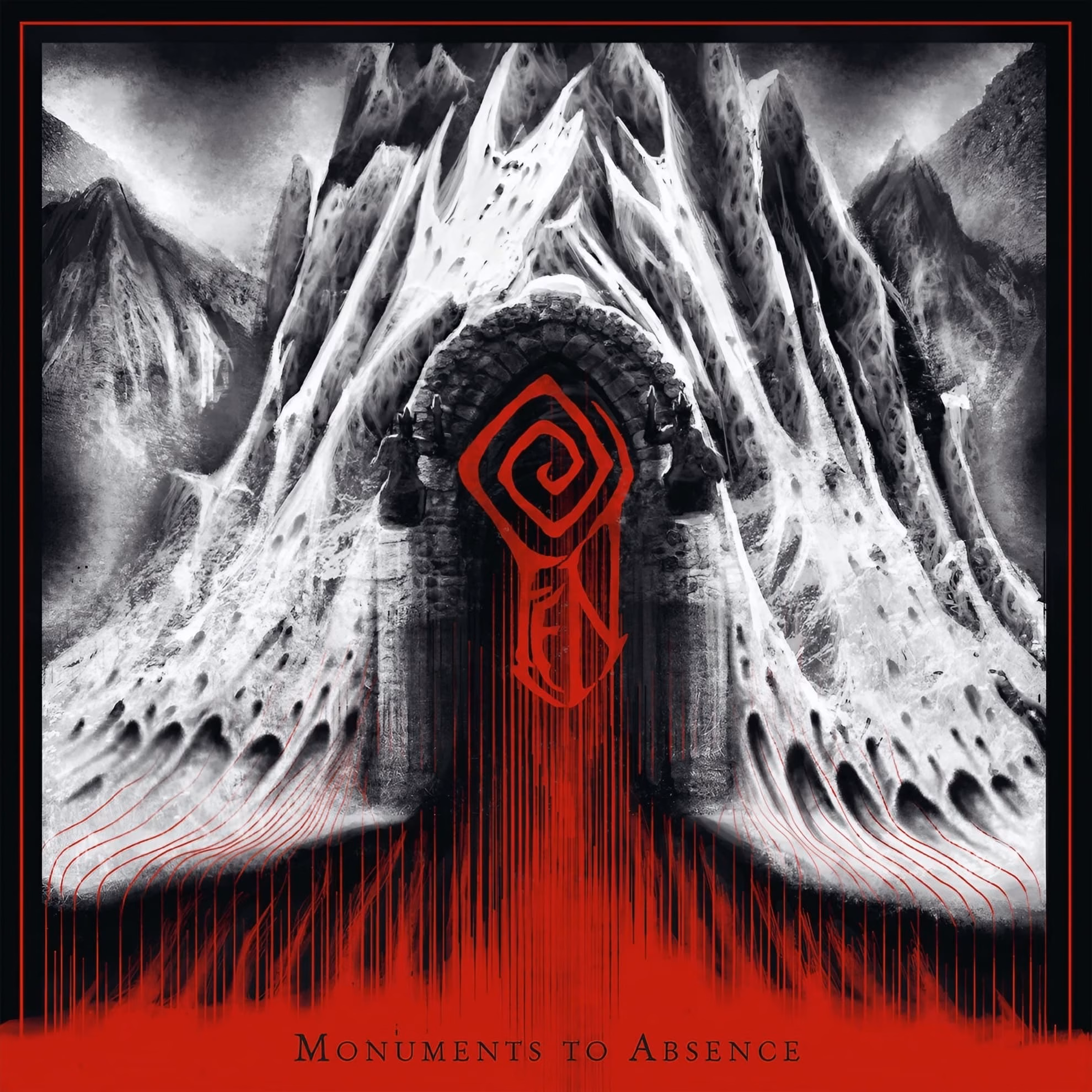 Fen Returns to Roots on ‘Elemental Part One: Mourning Earth’ Fen ‘Monuments to Absence’ (2023) cover: red rune-like sigil beneath a stone arch and jagged peaks.