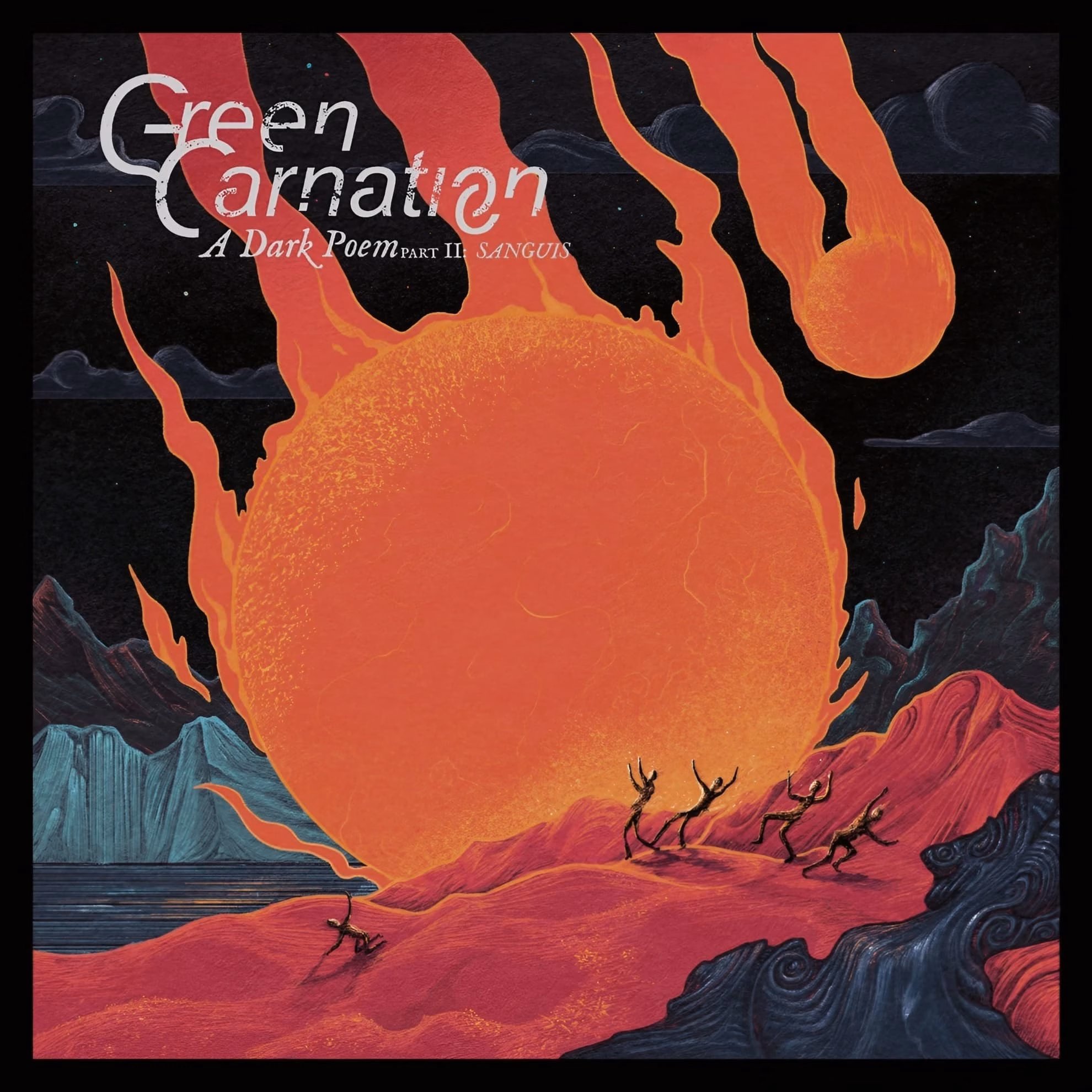 ‘A Dark Poem, Part II: Sanguis’ cover: a burning orange sun over red terrain and dark figures.