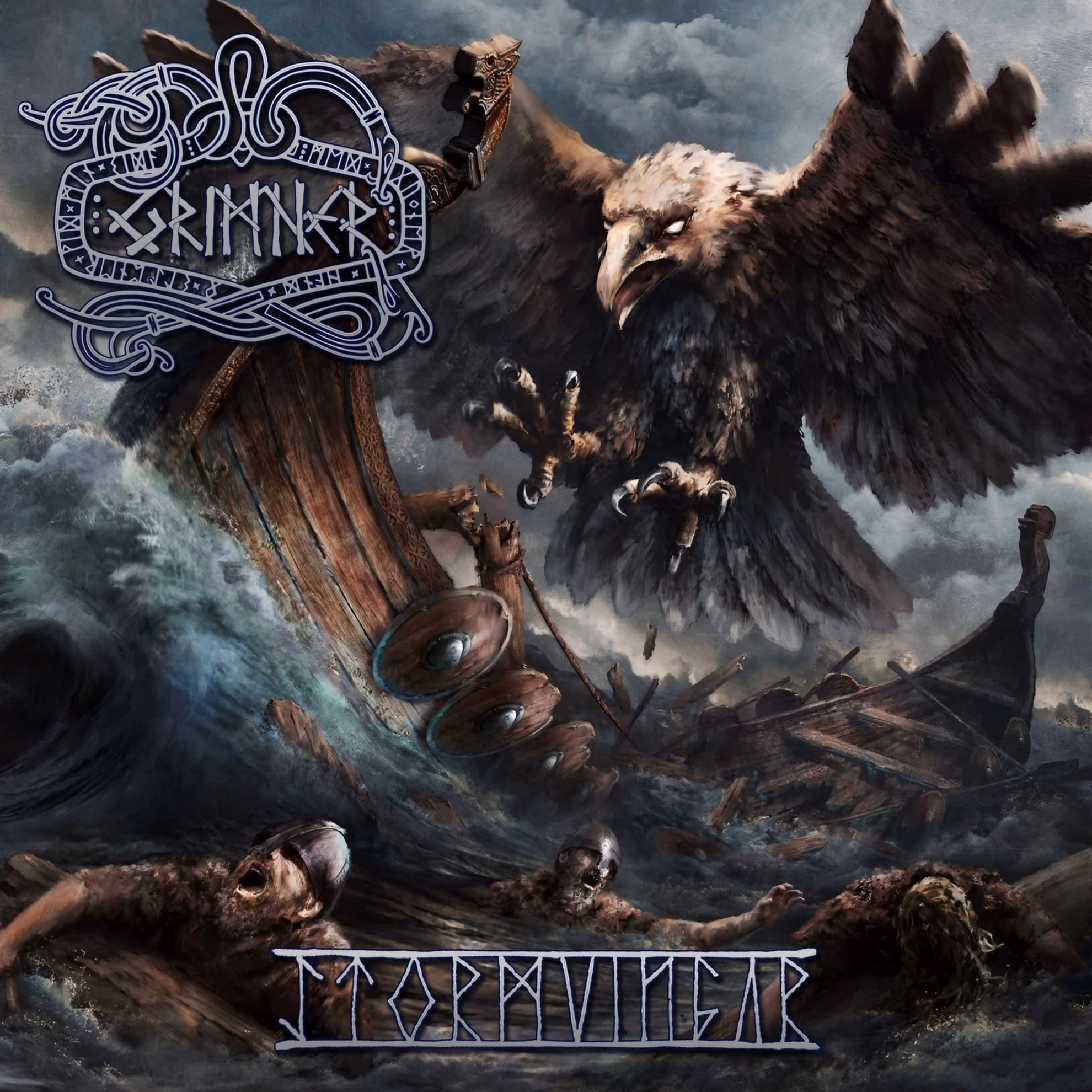 Grimner, ‘Stormvingar’ album cover, a giant eagle attacking a capsized Viking ship at sea.