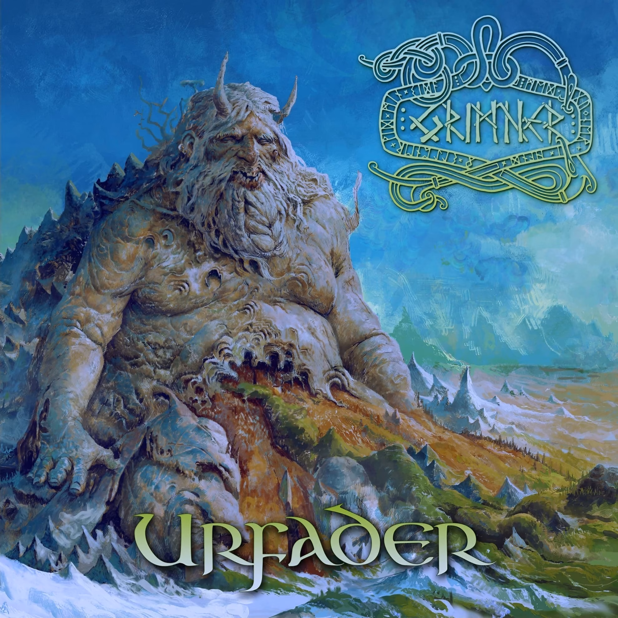 Grimner, ‘Urfader’ album cover, a giant horned stone figure seated across a mountain landscape.