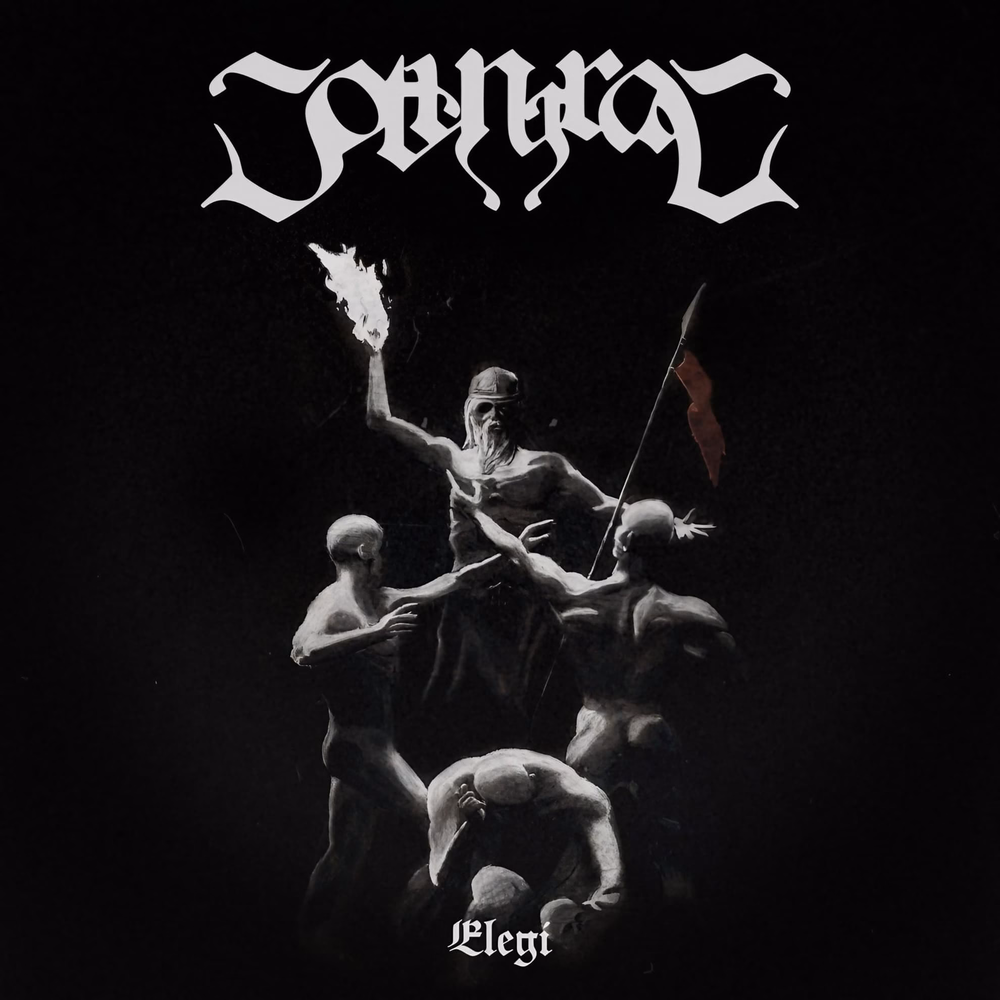Jotungrav’s ‘Elegi’ album cover, a grayscale illustration of a torch-bearing figure and three cloaked companions.
