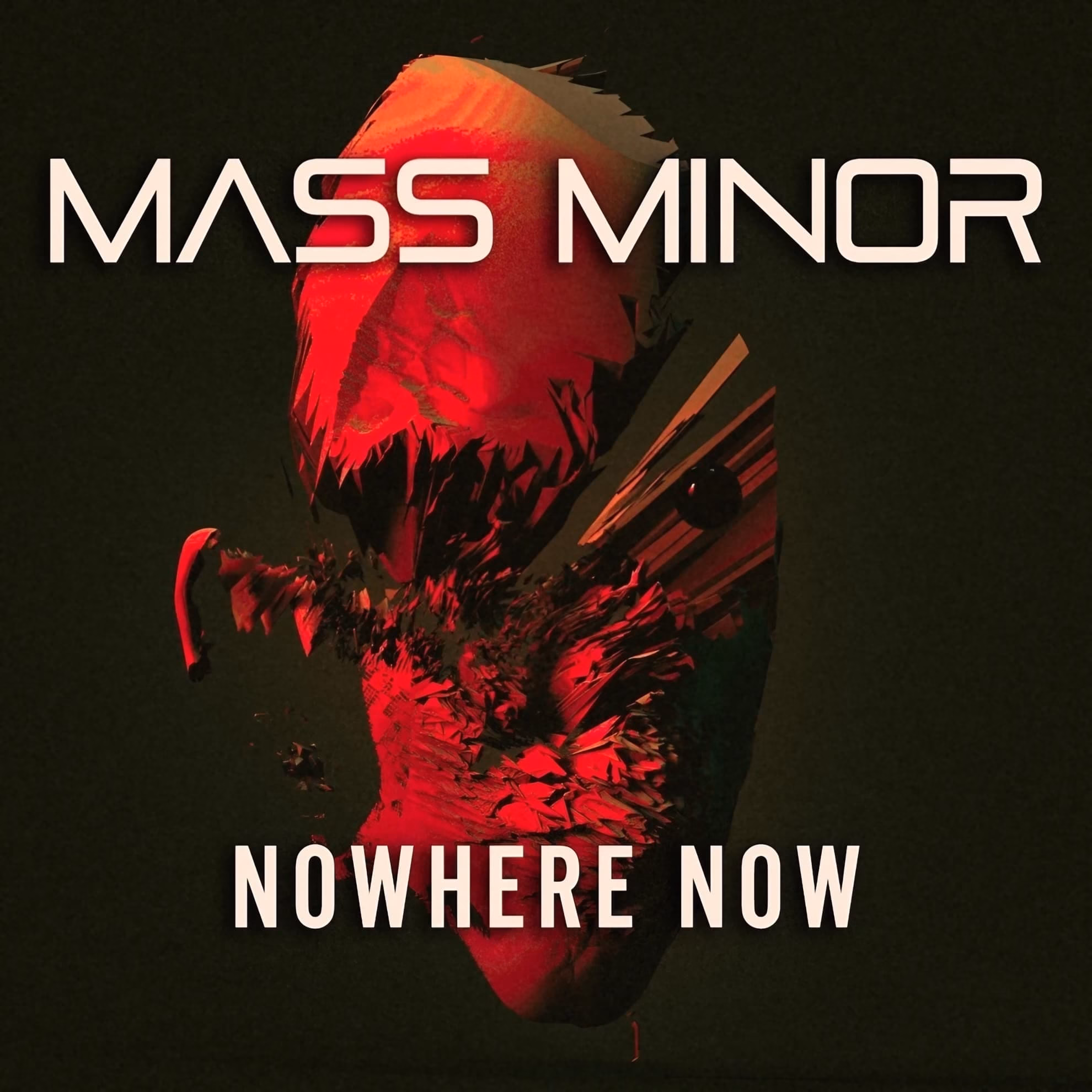 Mass Minor ‘Nowhere Now’ single cover art, a fractured red humanoid figure on a dark green background.
