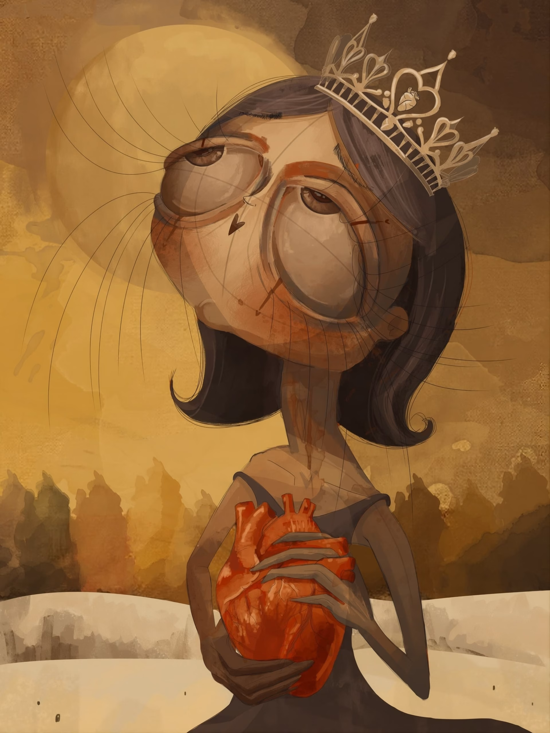 Amarilla Draws Children Only Slightly Wicked Interior illustration from ‘Retratos de Niños Asesinos’: a girl in a tiara looks skyward with scar-like lines across her face, cradling an anatomical heart in both hands.