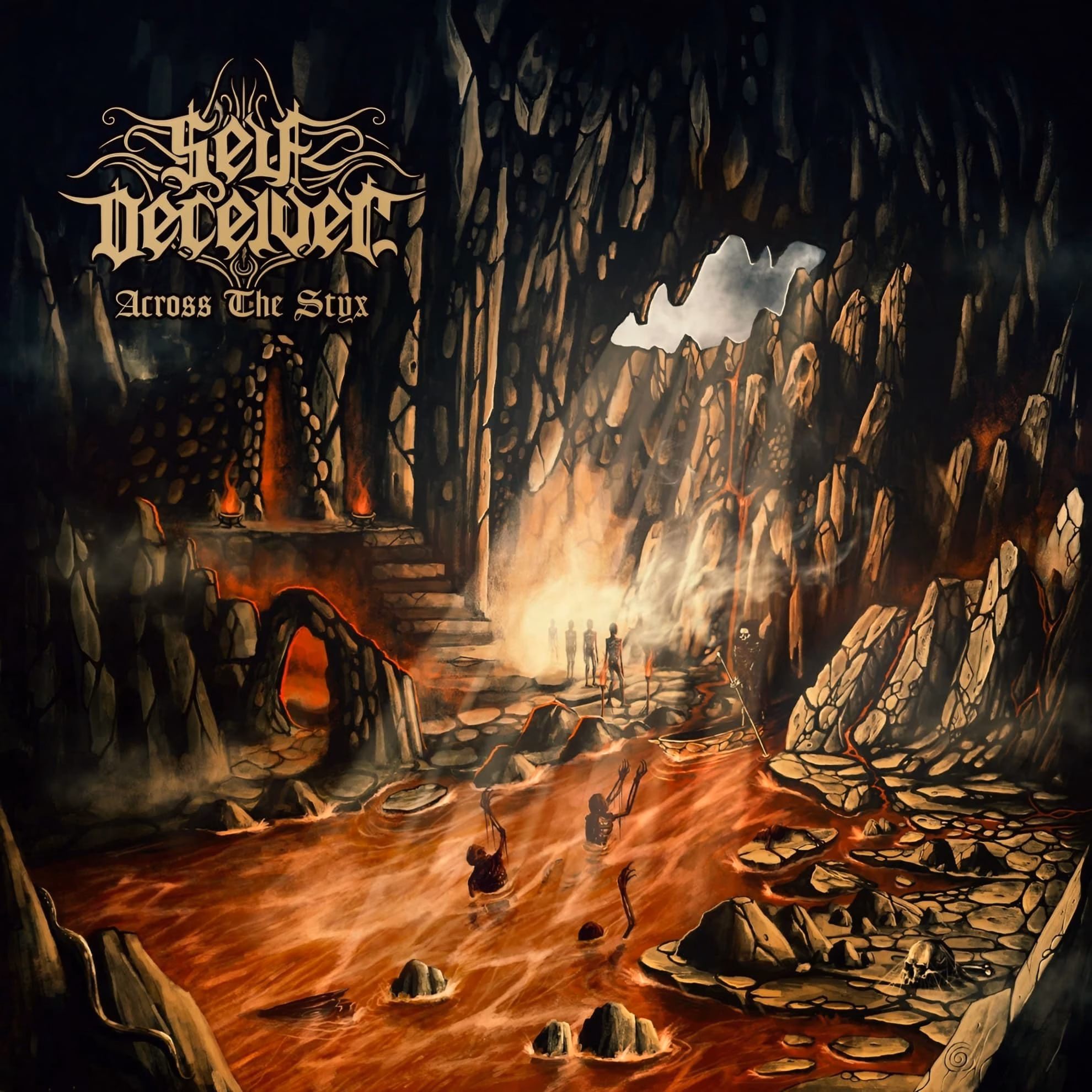 Self-Deceiver Exchanges the River Styx for ‘Nihil’ Self-Deceiver, ‘Across the Styx’: a firelit underground river in ochre and black, skeletal figures beneath stone ruins.