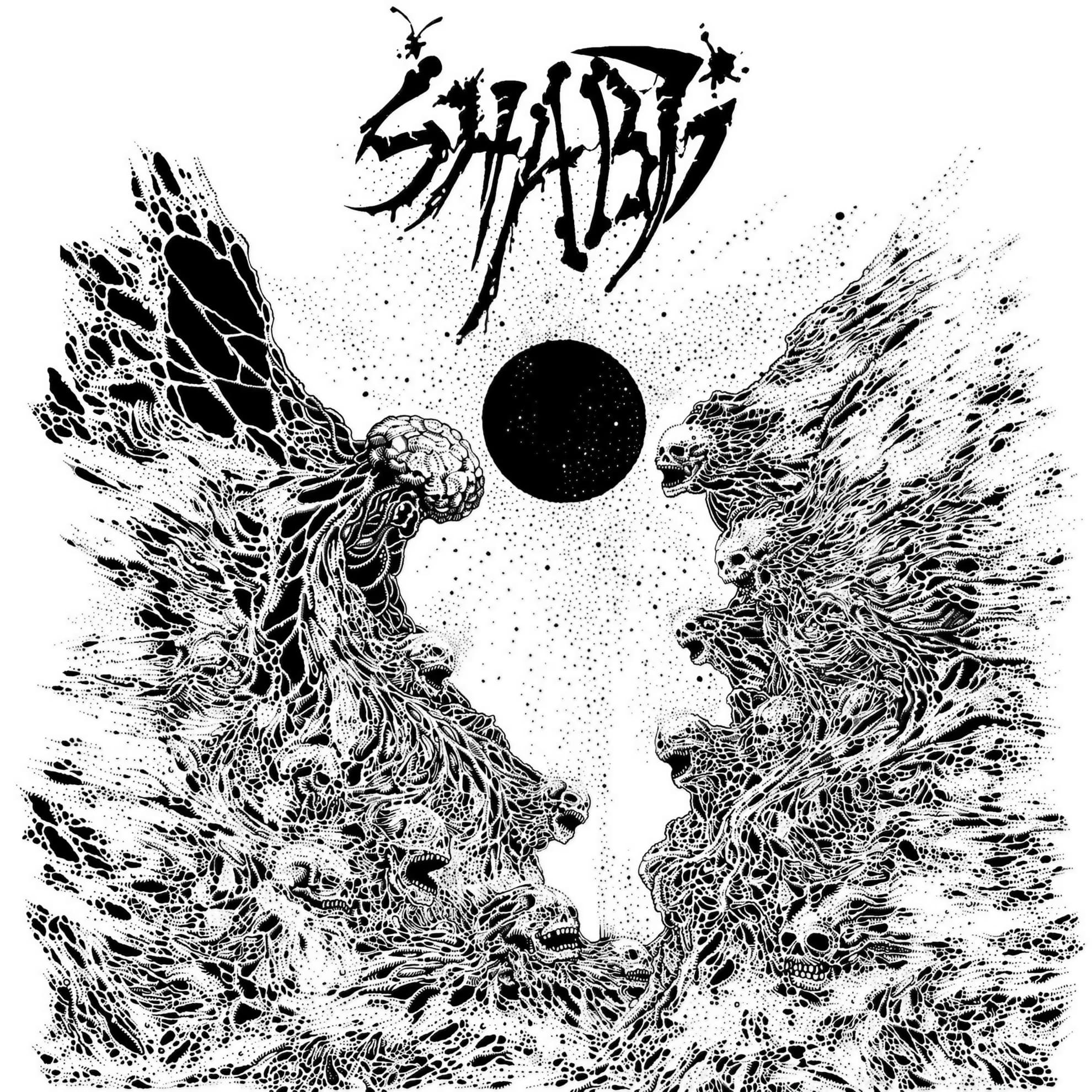 Shabti Send Servants on ‘Haze, Cacophony, and White Light’ Shabti ‘Haze, Cacophony, and White Light’ album cover: two skeletal winged figures facing a black circle.