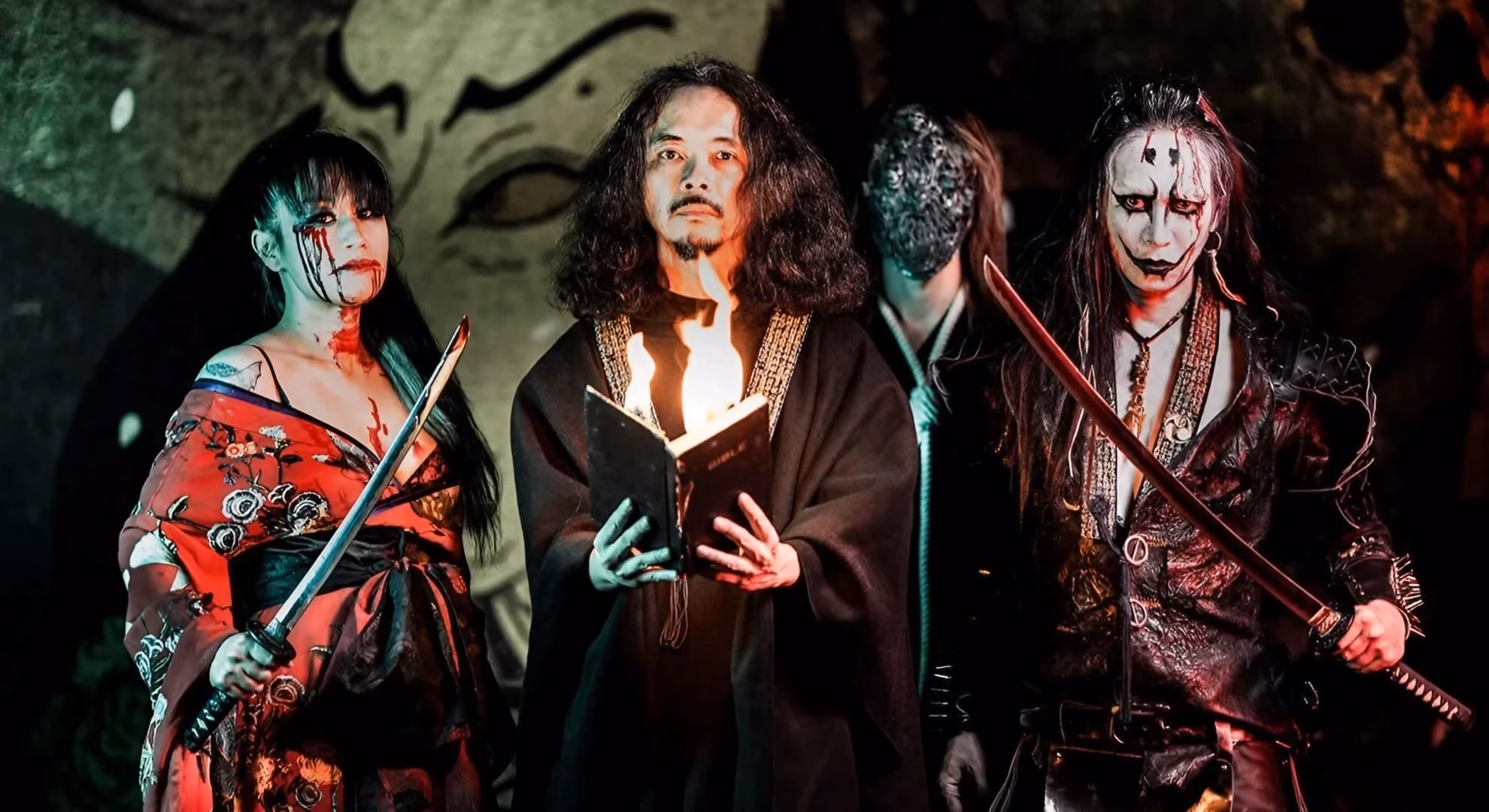 Sigh Turns Nine Paintings of Decay Into ‘Goh-ka’ Sigh’s four members in horror-theatrical makeup and stage props, in a promotional band photograph.