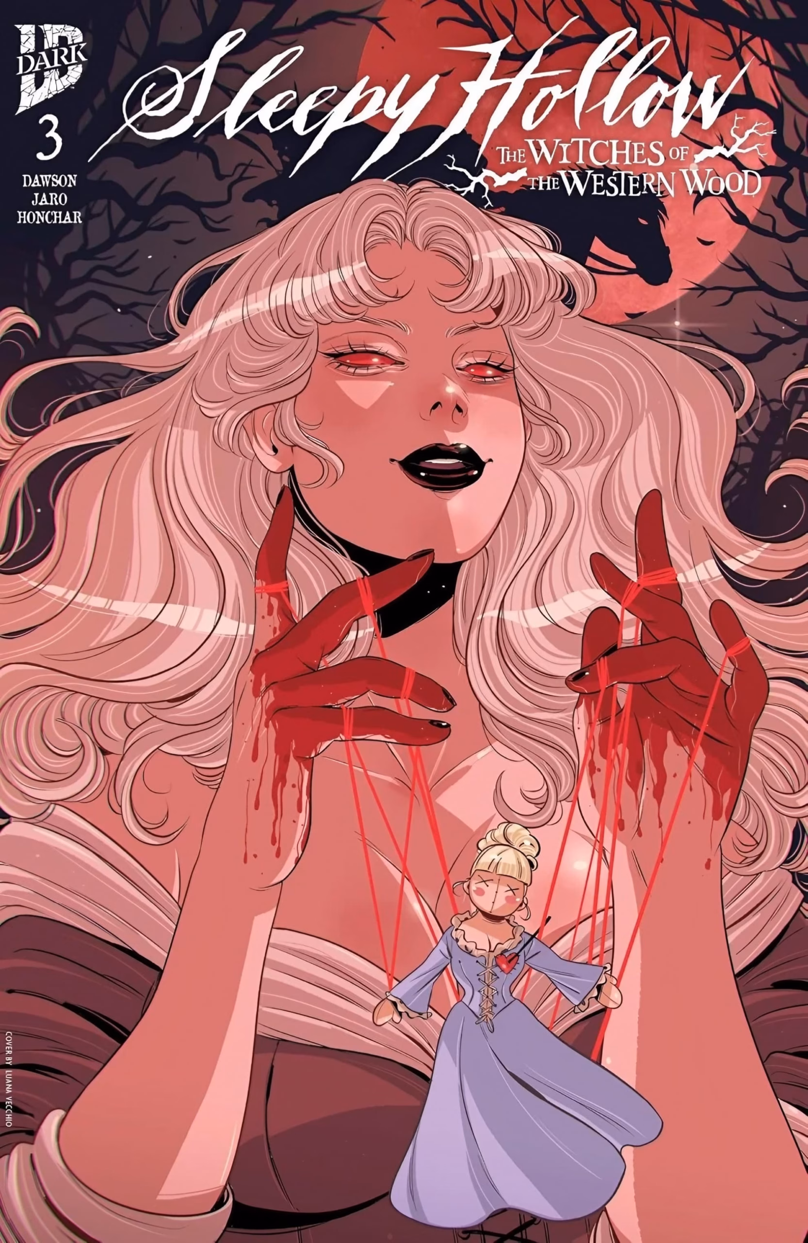 IDW’s ‘Witches of the Western Wood’ Turns Bloody ‘Sleepy Hollow: The Witches of the Western Wood’ #3 cover, a witch working blood-red marionette strings over Mary.