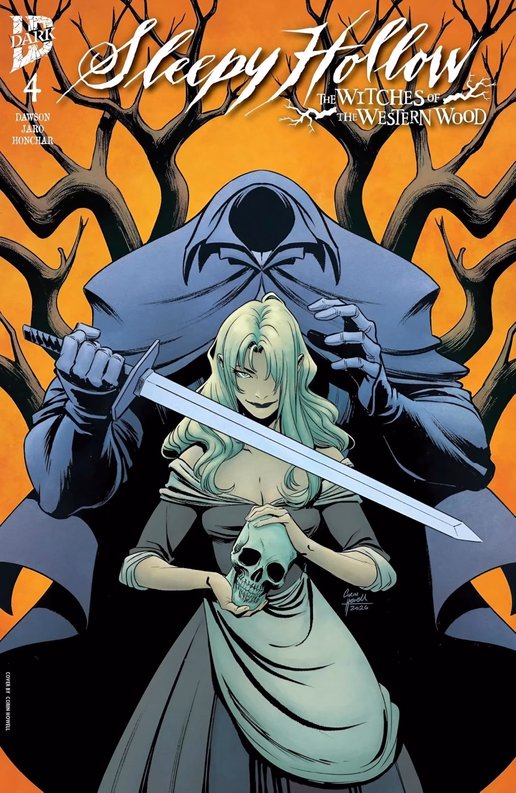 IDW’s ‘Witches of the Western Wood’ Turns Bloody ‘Sleepy Hollow: The Witches of the Western Wood’ #4 cover, Sarah Archer gripping a sword before a hooded specter.