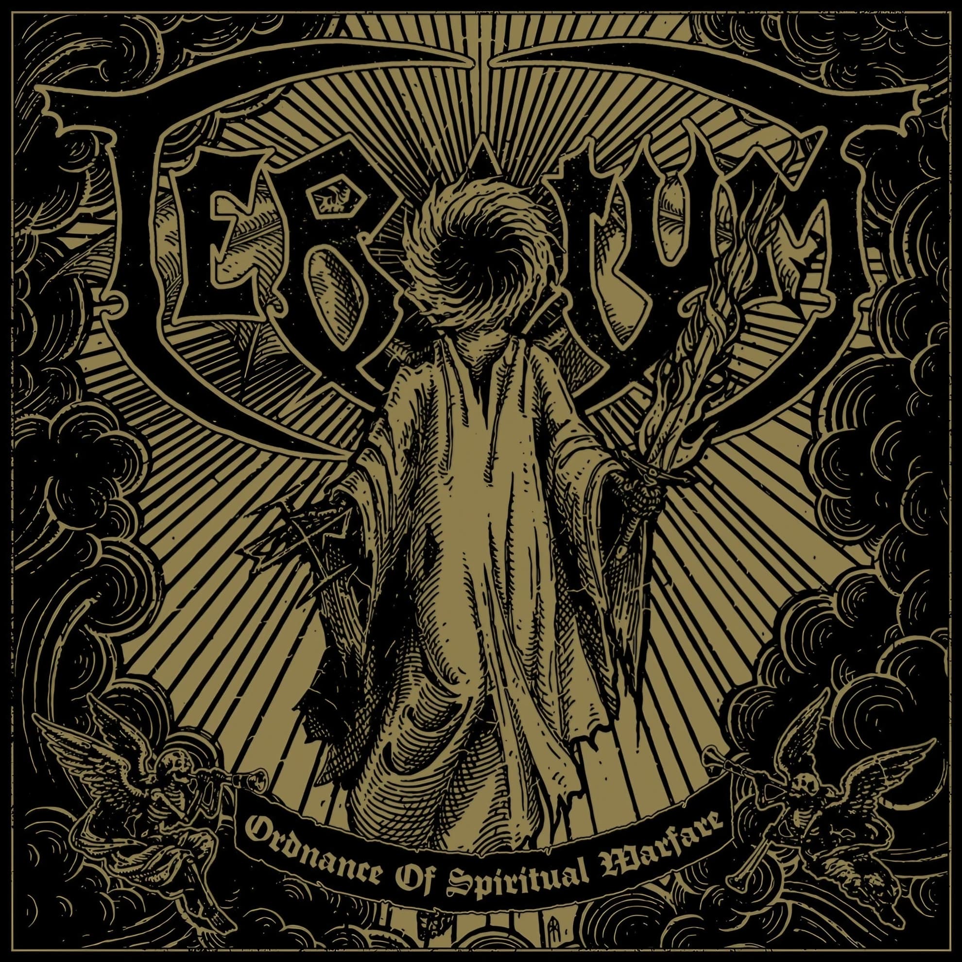 Teratum ‘Ordnance of Spiritual Warfare’ cover: black-and-gold illustration of a robed, radiant figure flanked by skeletal angels.