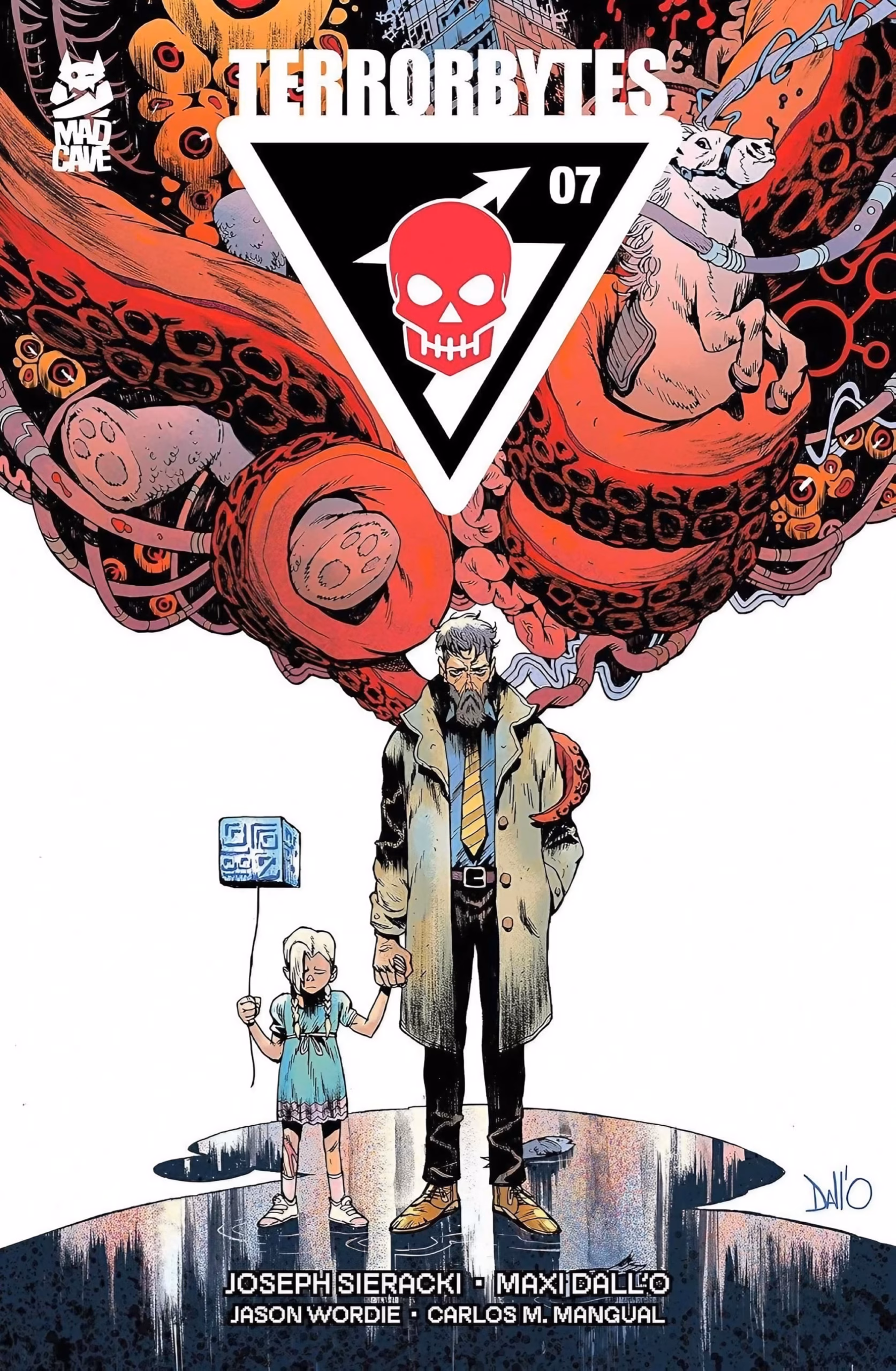 Mad Cave Sends Plague Doctors Into ‘Lazarus Order’ ‘Terrorbytes’ #7 cover with a grieving father and daughter beneath a red skull emblem.