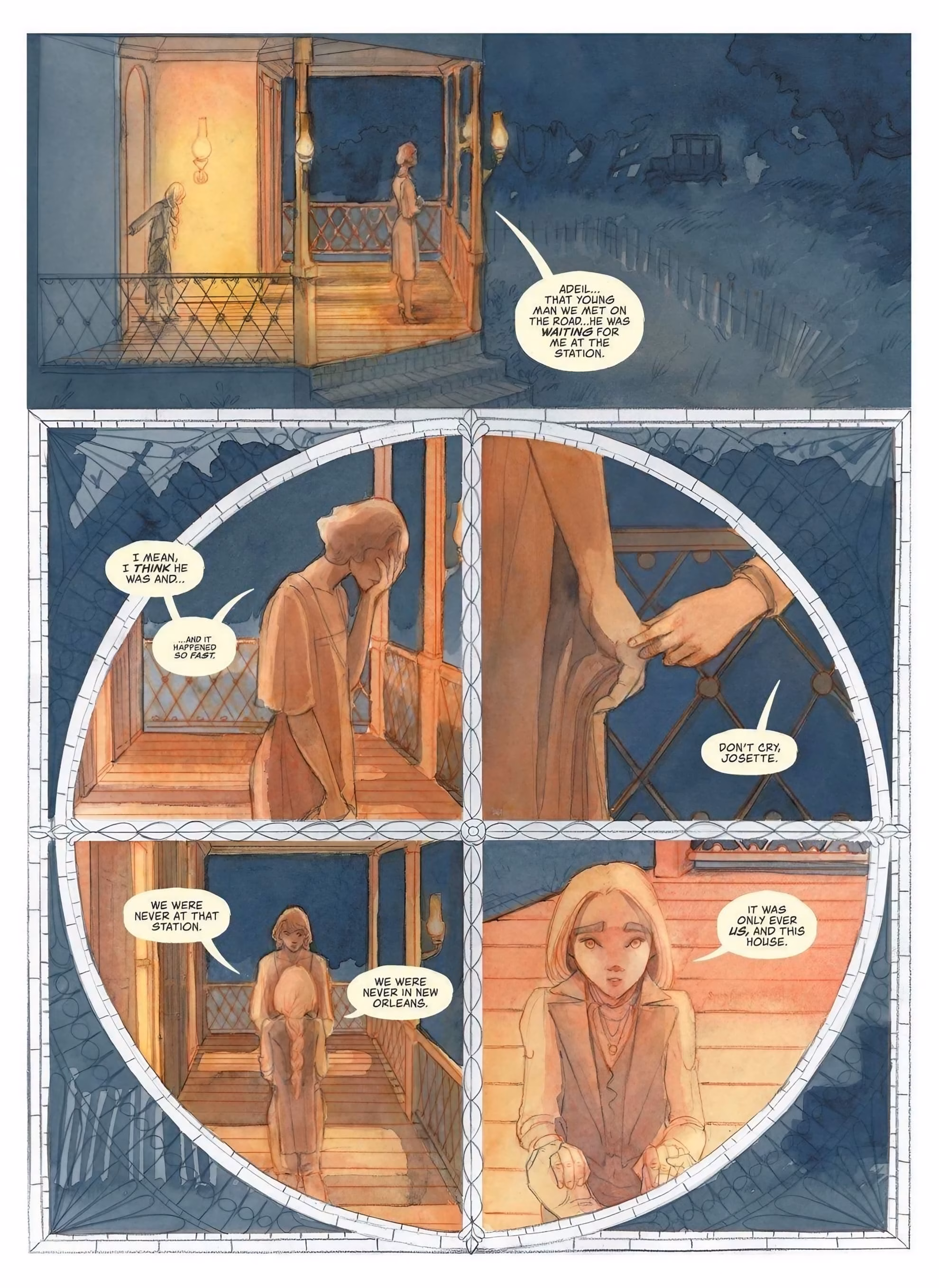 ‘The Cutting Garden’ interior page: two women speak on a lantern-lit porch at night.
