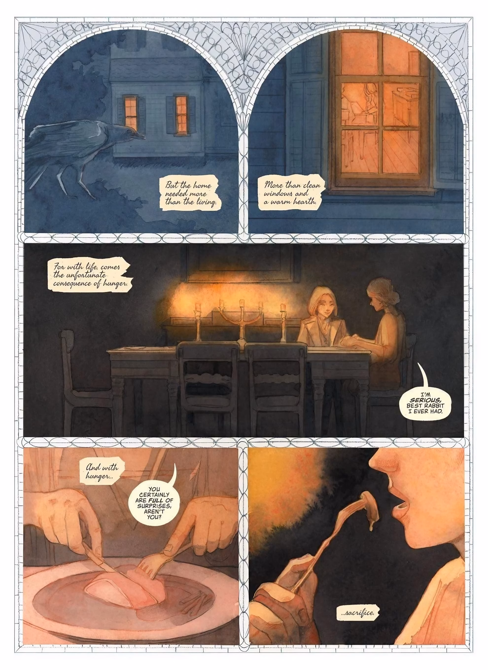‘The Cutting Garden’ interior page: a crow watches a lit farmhouse window at night.