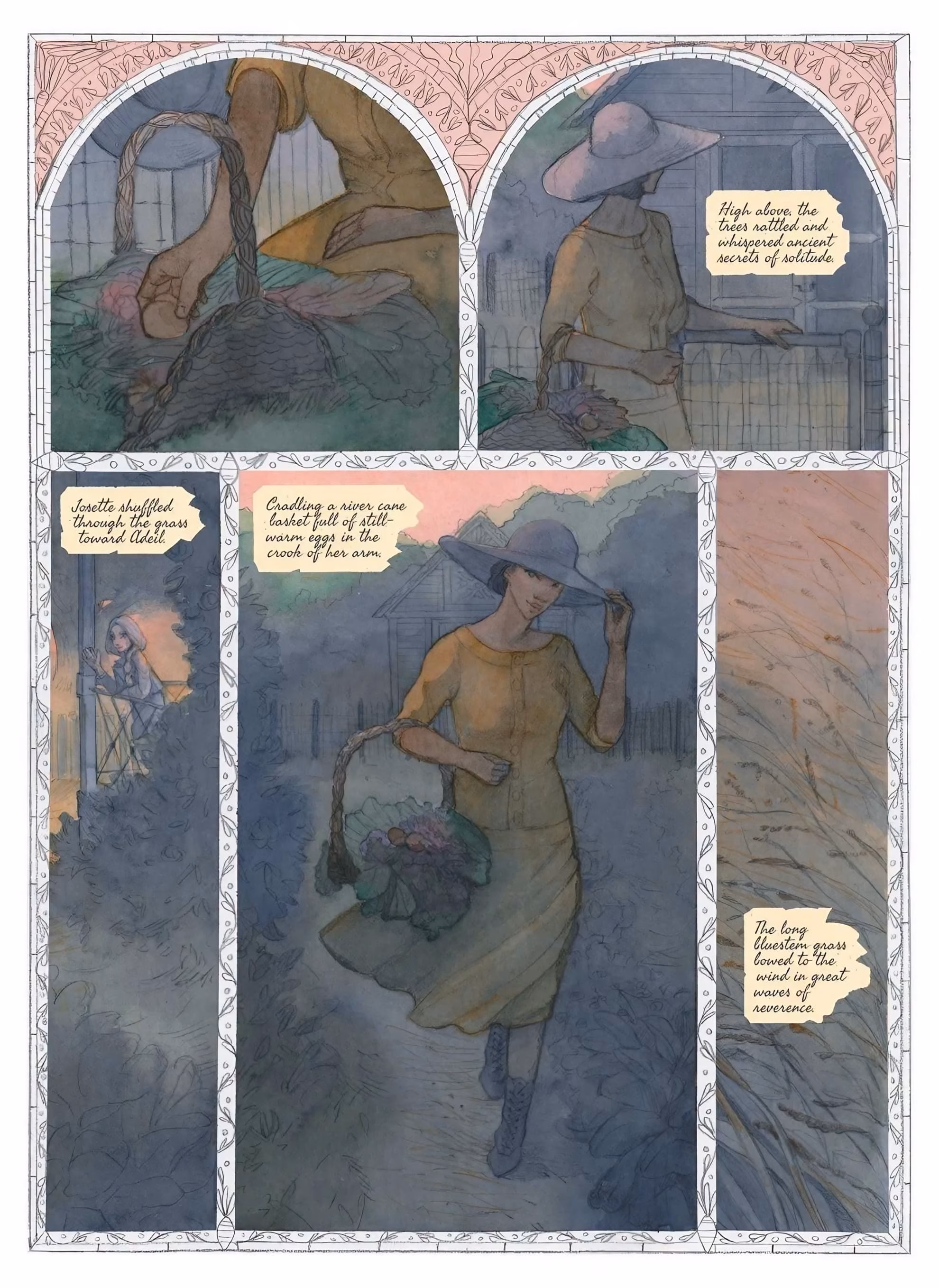 ‘The Cutting Garden’ interior page: a woman crosses a garden carrying a basket of eggs.
