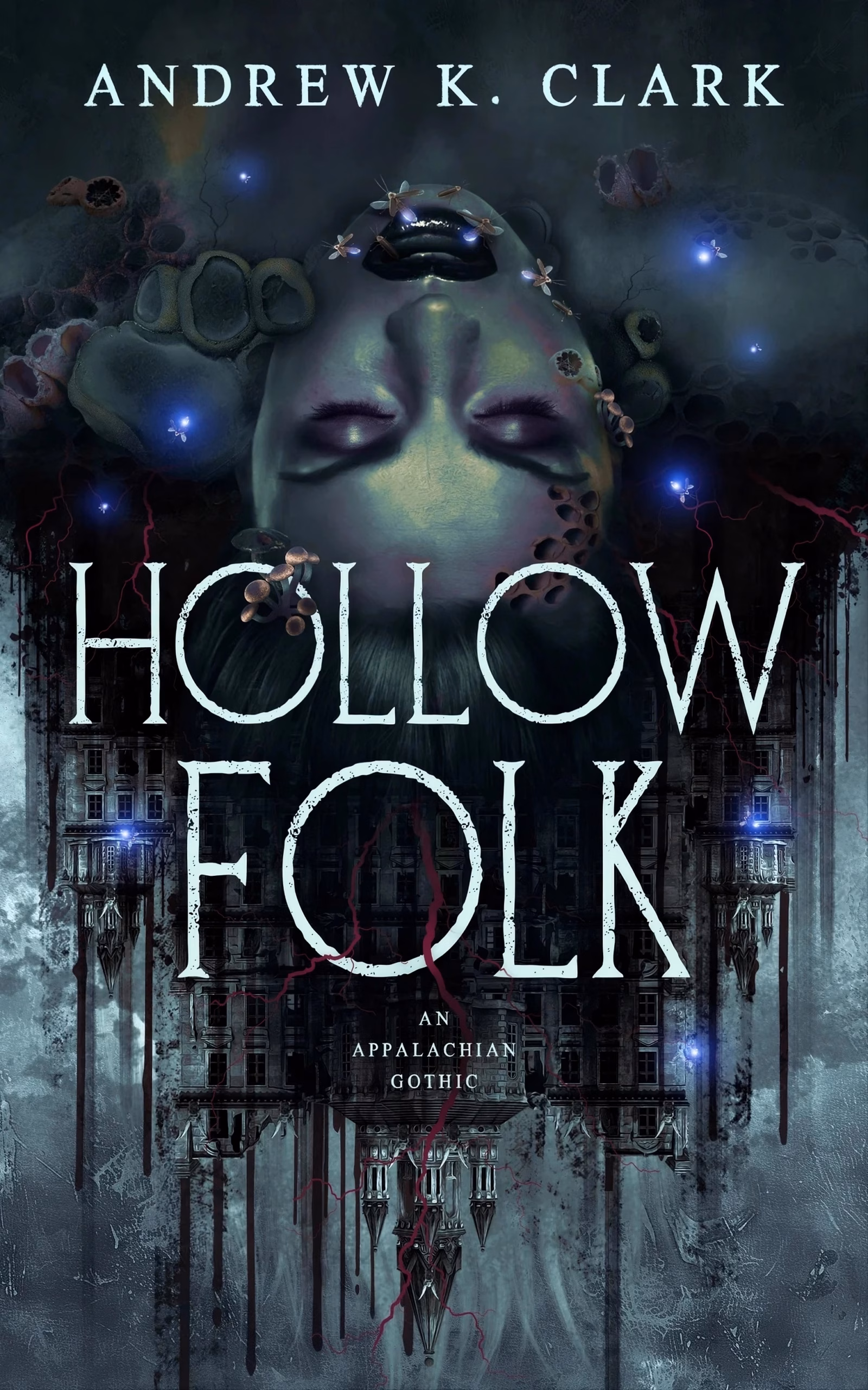 ‘Hollow Folk’ by Andrew K. Clark: an inverted woman’s face above an upside-down hotel facade.
