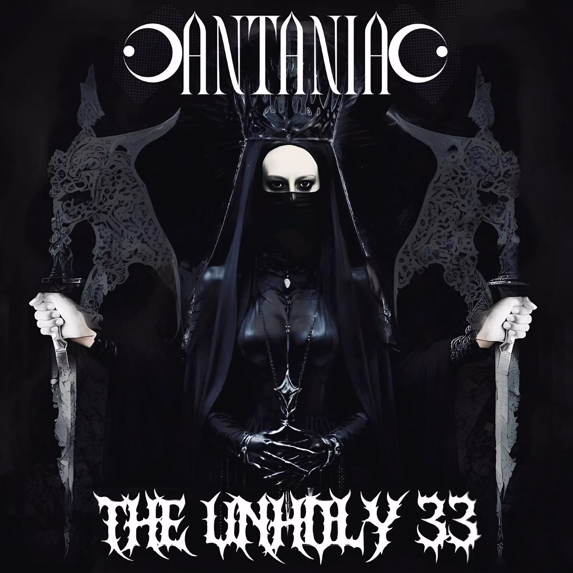Antania Set Hecate’s Epithet to Machine Rhythm in ‘33’ Cover of ‘The Unholy 33’: a veiled, crowned figure holds two daggers beneath the Antania logo.