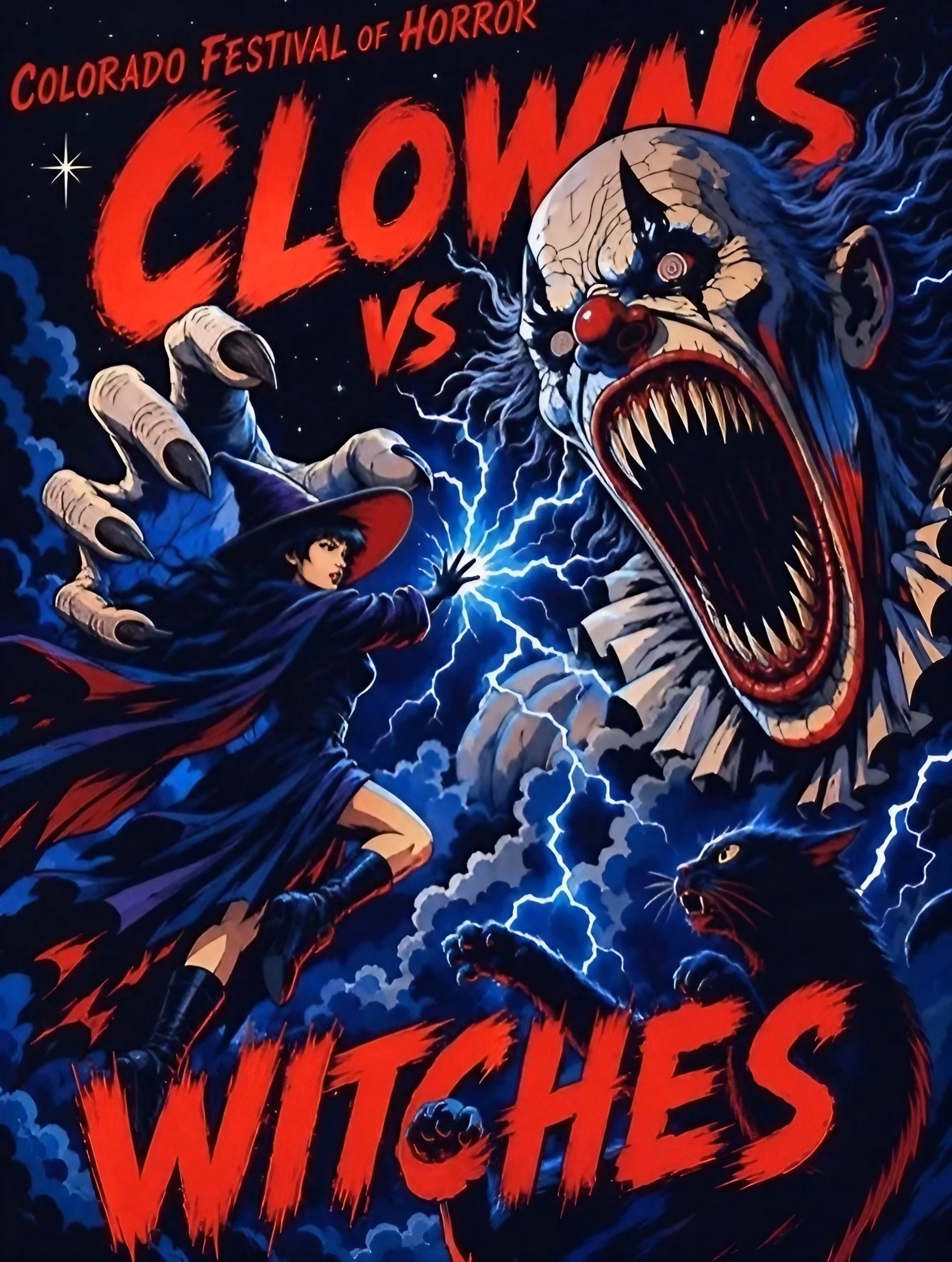 Colorado Festival of Horror Costumes Two Fictions Illustrated key art showing a witch and a fanged clown creature clashing.