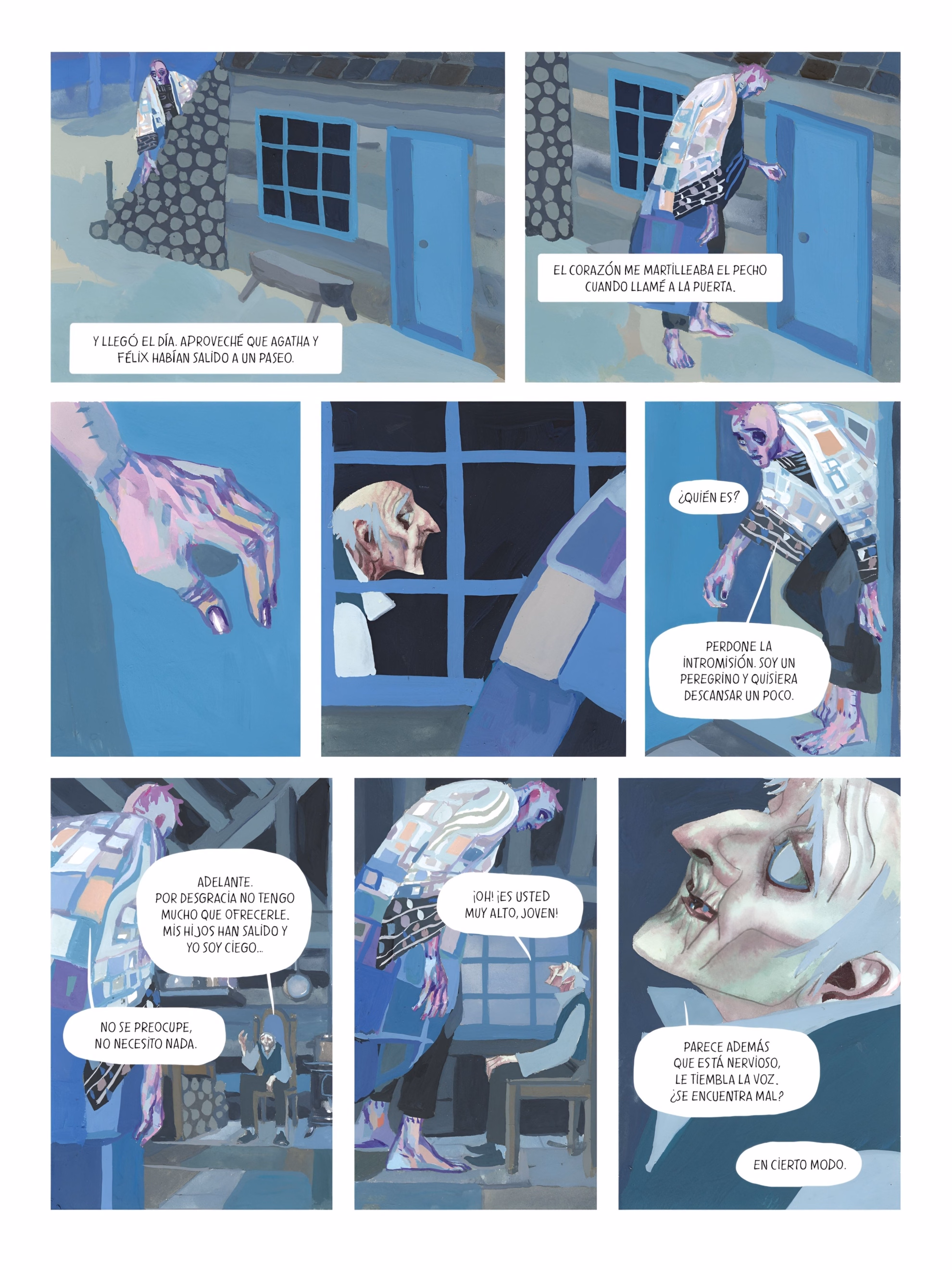 David Sala Paints the Creature’s Long Exile in ‘Frankenstein’ Interior comic page from ‘Frankenstein.’ Eight panels show the creature knocking at a cottage door and speaking with a blind old man inside.