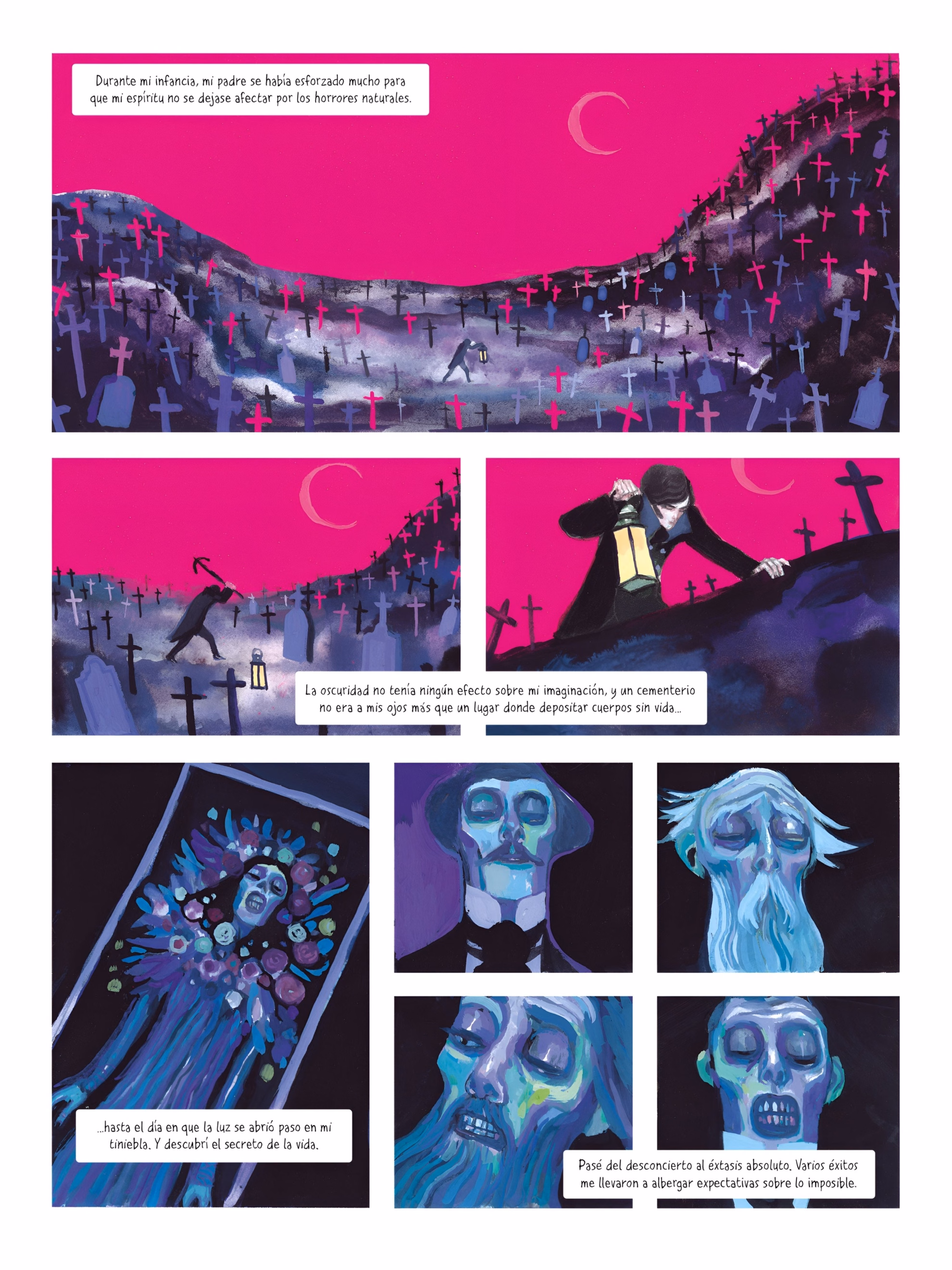 David Sala Paints the Creature’s Long Exile in ‘Frankenstein’ Interior comic page from ‘Frankenstein.’ Eight panels show young Victor digging in a magenta-lit cemetery, then the exhumed faces of the dead.