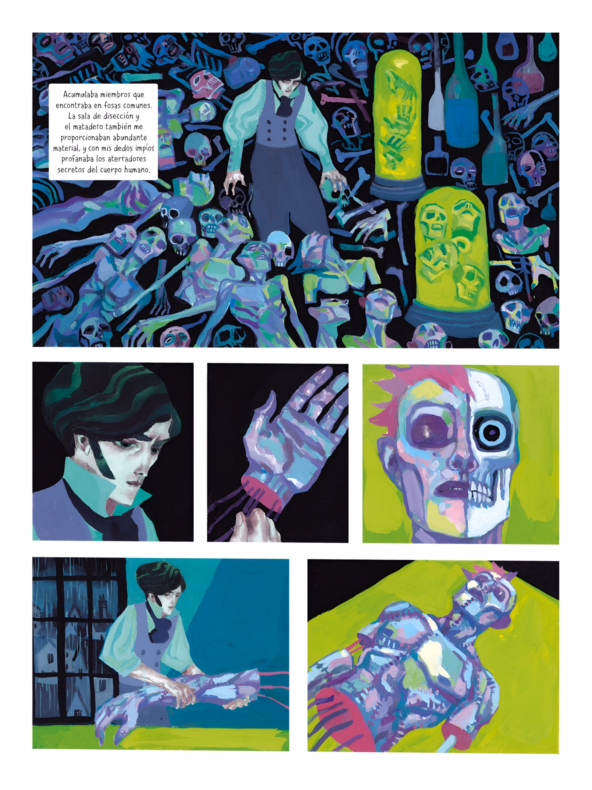 David Sala Paints the Creature’s Long Exile in ‘Frankenstein’ Interior comic page from ‘Frankenstein.’ Six panels show Victor amid bones and glowing jars, then assembling a stitched body on a green table.