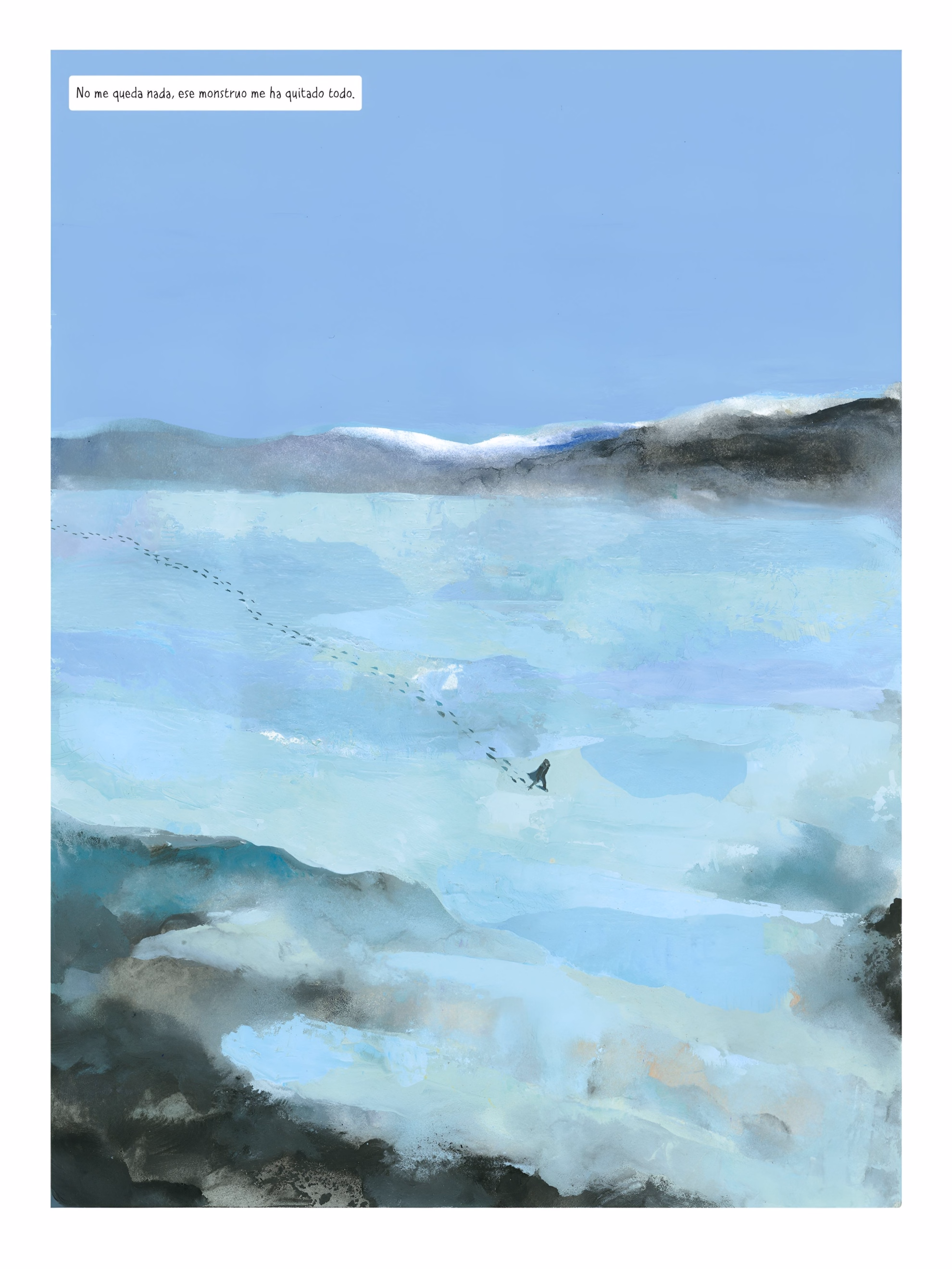 David Sala Paints the Creature’s Long Exile in ‘Frankenstein’ Graphic novel splash page from ‘Frankenstein.’ One panel shows Victor as a tiny figure at the end of a footprint trail across a pale ice field.
