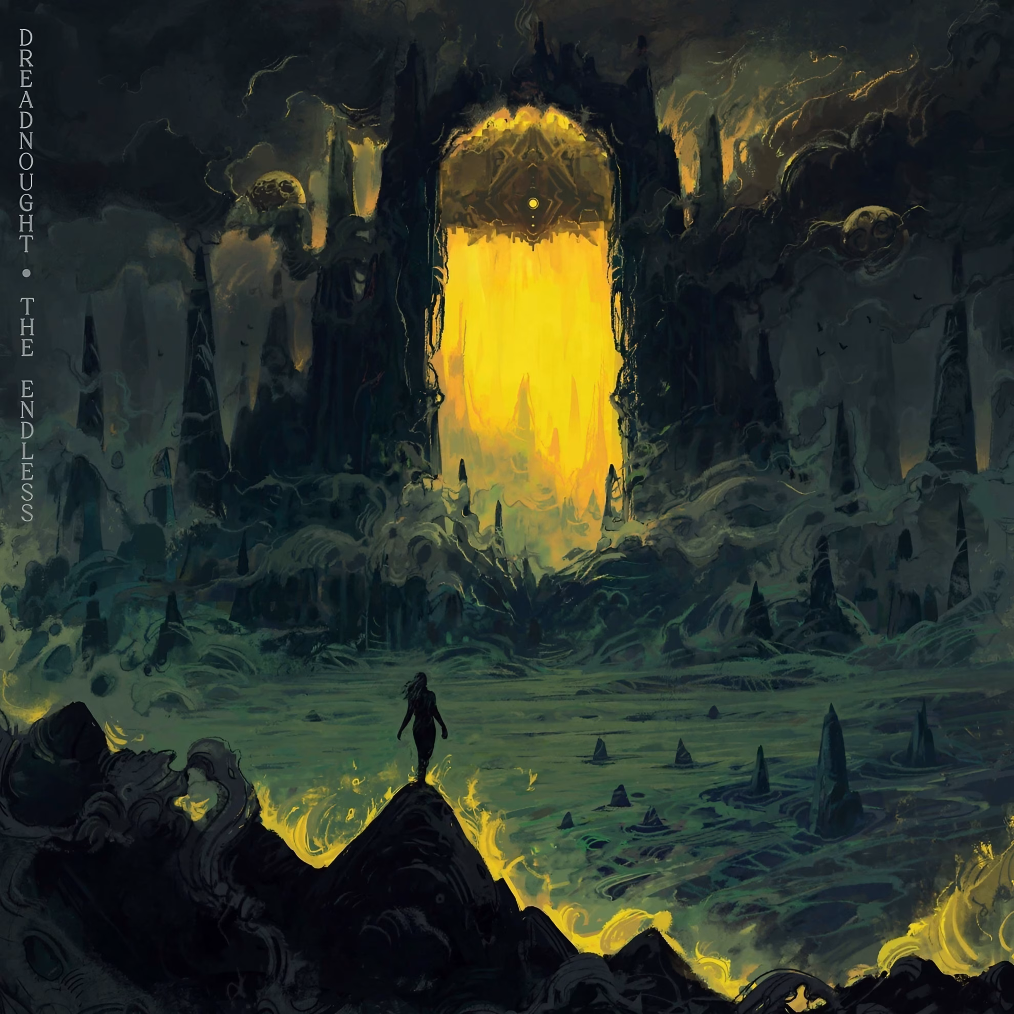 Dreadnought Step Into ‘Wars of Spirit // Wards of Light’ Cover art for Dreadnought’s 2022 album ‘The Endless,’ a lone figure facing a glowing gate.