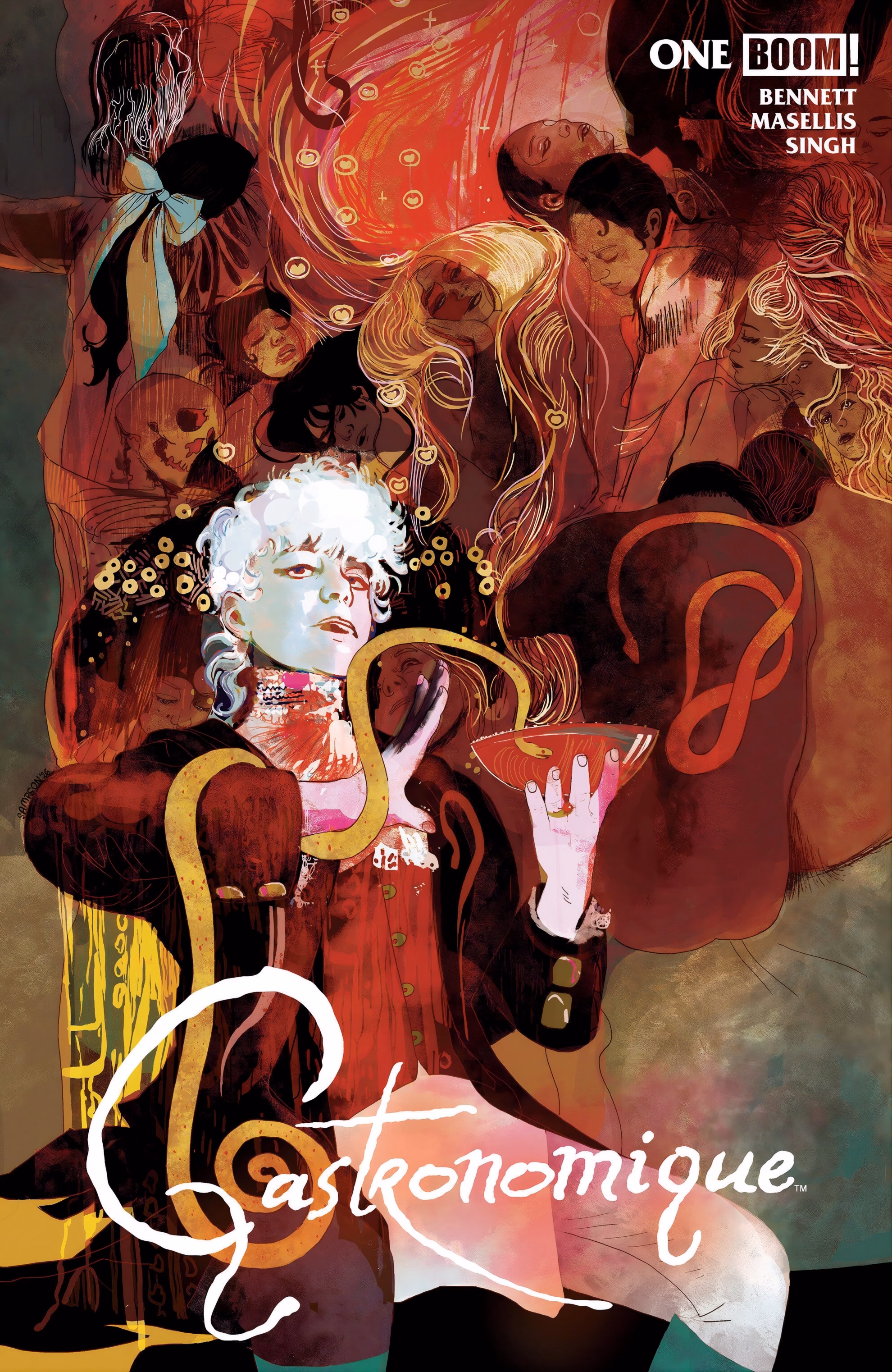 ‘Gastronomique’ #1 Cover B by Alison Sampson, a white-wigged figure with a coupe before a crowd of swooning bodies.
