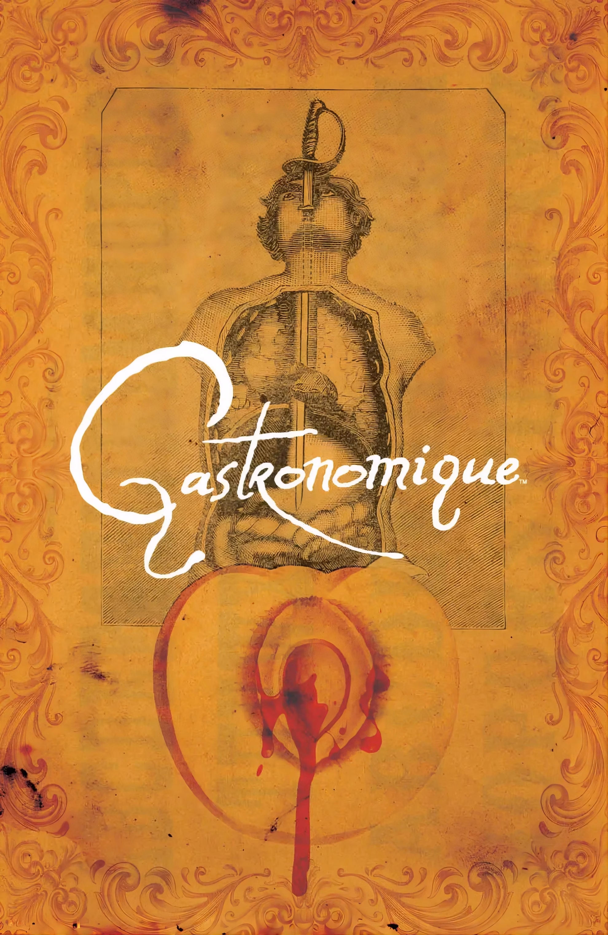 ‘Gastronomique’ #2 insert art, an engraved sword swallower in anatomical cutaway above a bleeding peach.