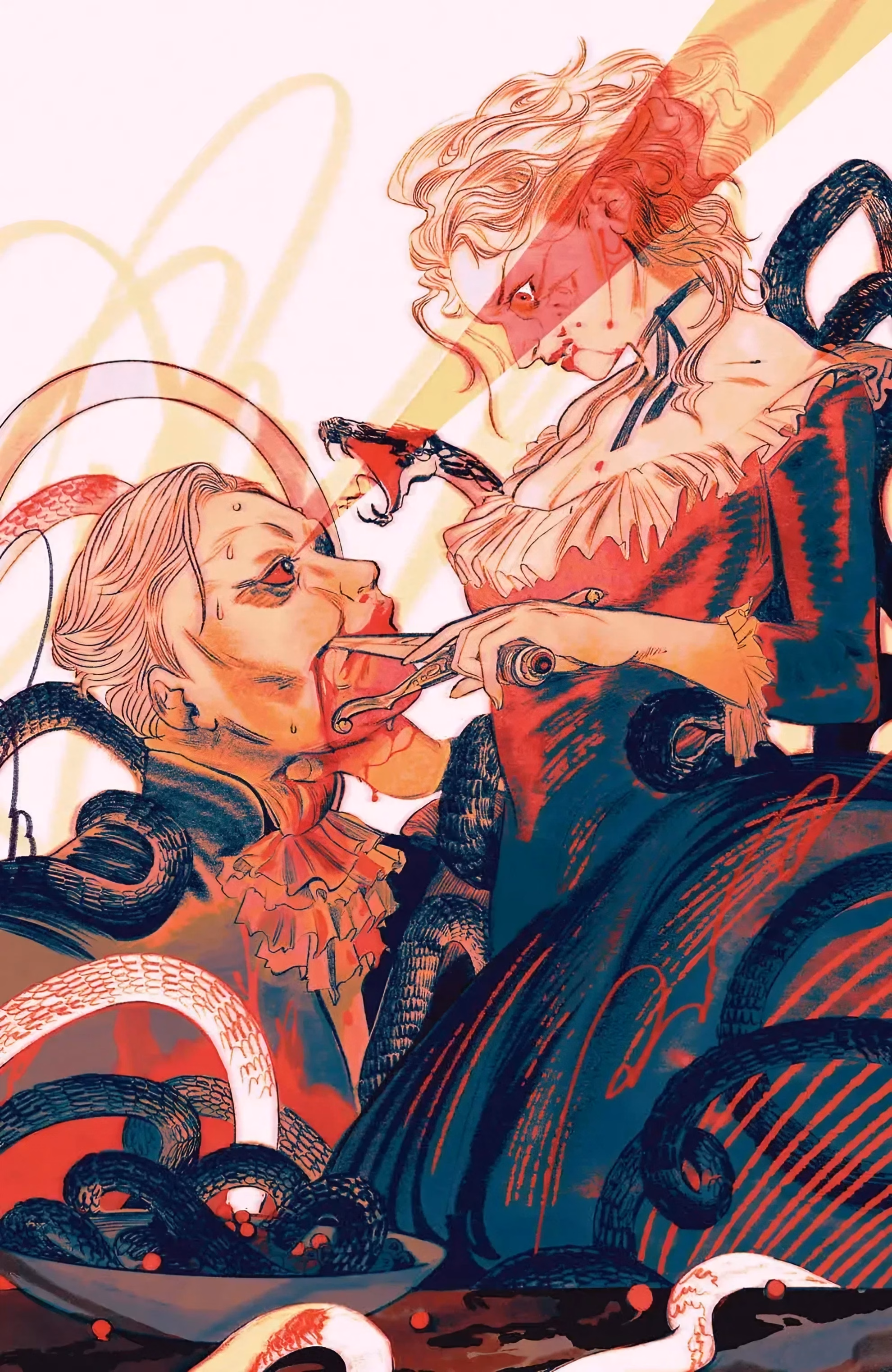 ‘Gastronomique’ #2 variant cover, a blond woman holding a knife to a sweating man’s mouth among coiled snakes.