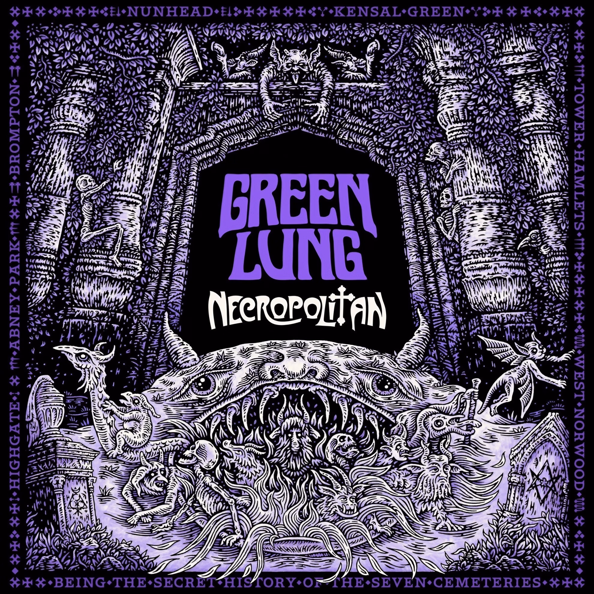 Green Lung’s ‘Necropolitan’ album cover: purple linocut gateway framed by London cemetery names and skeletal figures.