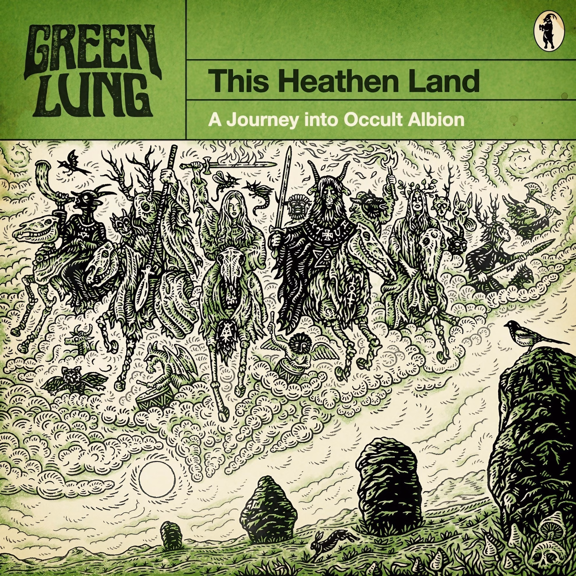 Green Lung’s ‘This Heathen Land’ album cover: a green linocut of horned riders above ancient standing stones.