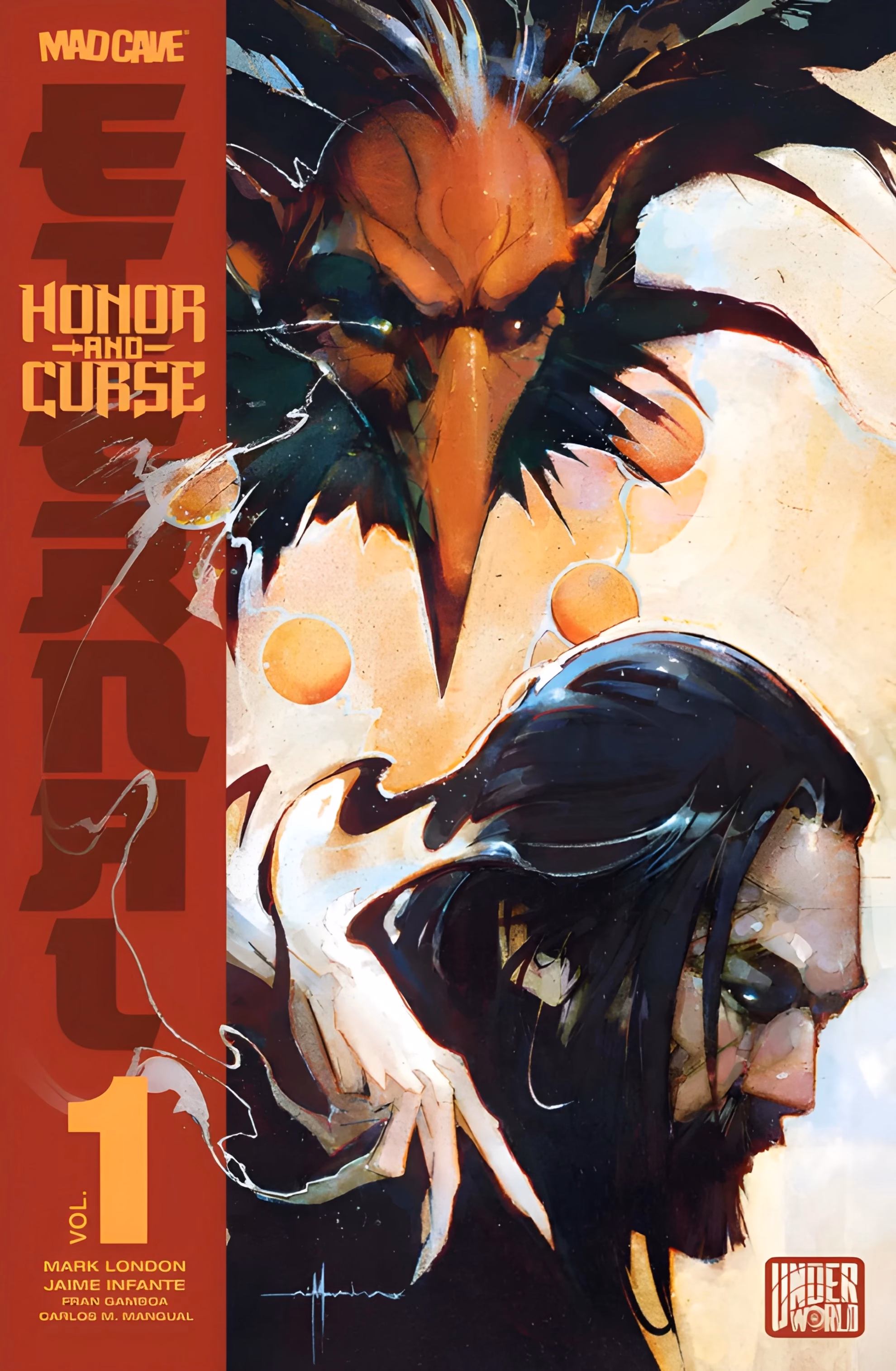 London’s ‘Honor and Curse: Eternal’ #7 and the Tengu’s Debt Graphic novel cover for ‘Honor and Curse: Eternal’ Vol. 1. A beaked, glaring tengu looms above Genshi, who bows his head in a shadowed profile below.