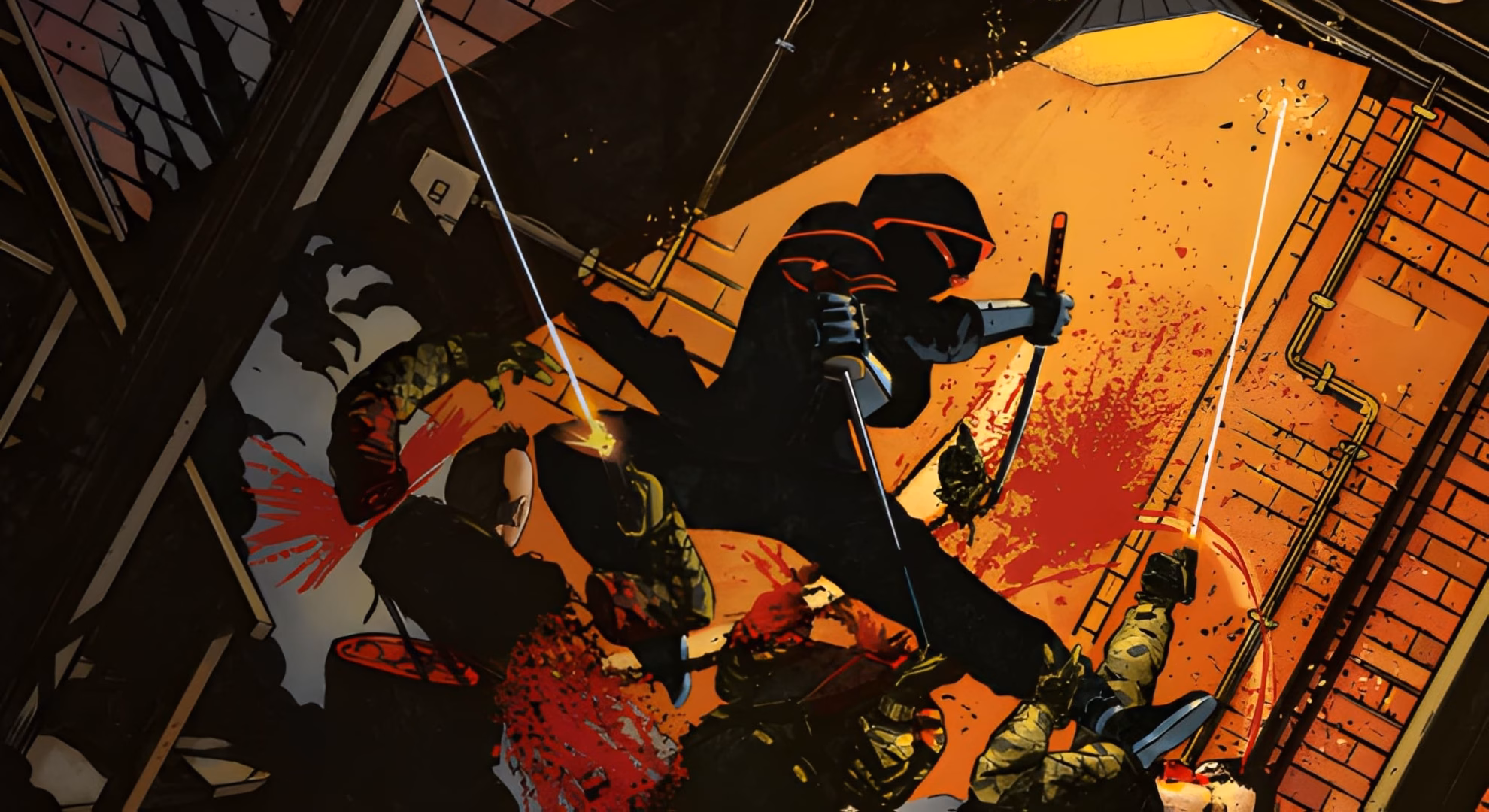 London’s ‘Honor and Curse: Eternal’ #7 and the Tengu’s Debt Interior comic art from ‘Honor and Curse: Eternal’ #4. A hooded ninja with two blades leaps down a lamp-lit alley as soldiers fall in bloody sprays.