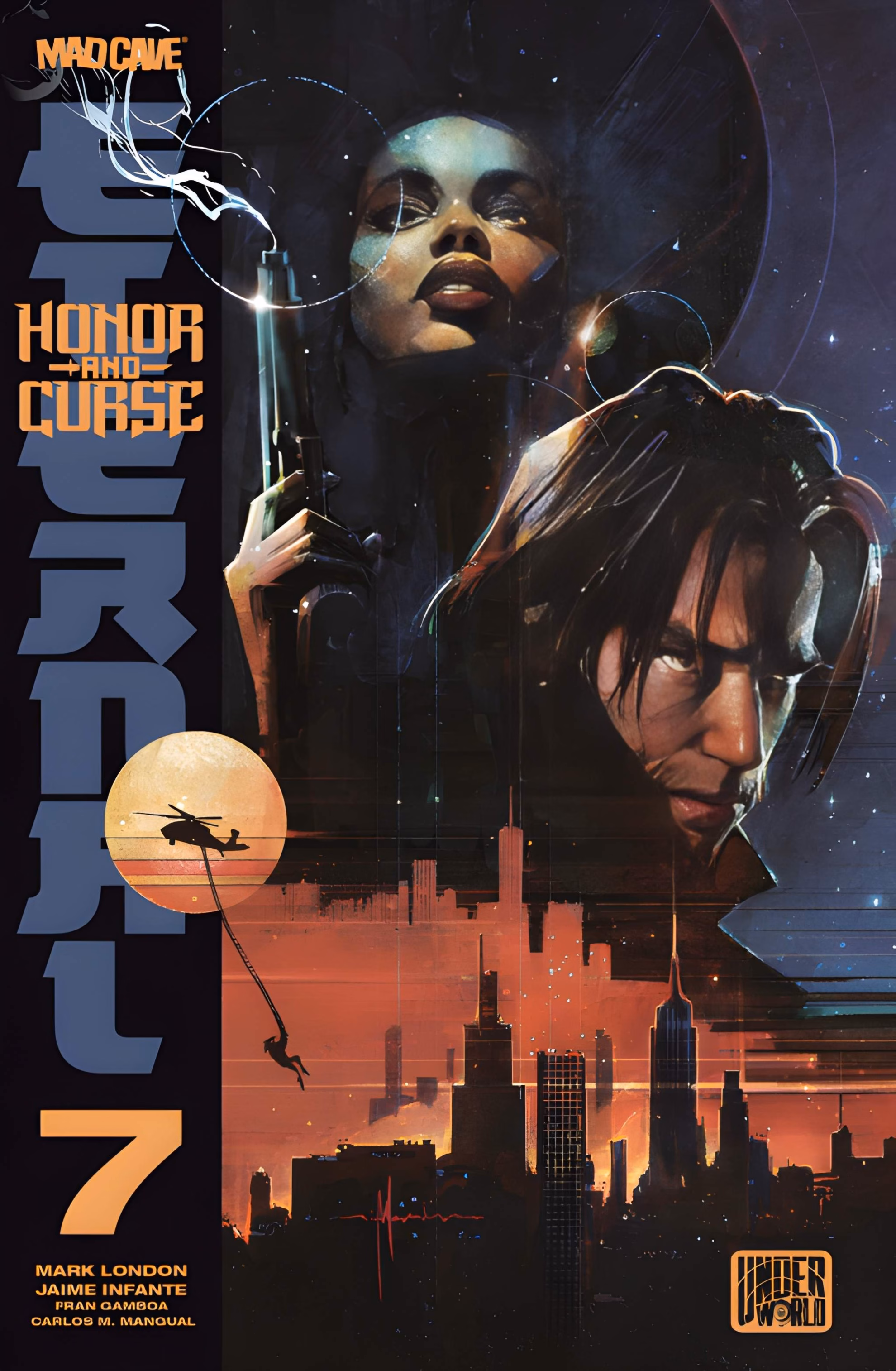 London’s ‘Honor and Curse: Eternal’ #7 and the Tengu’s Debt Comic book cover for ‘Honor and Curse: Eternal’ #7. A woman raises a smoking pistol above Genshi as a figure dangles from a helicopter over a city.