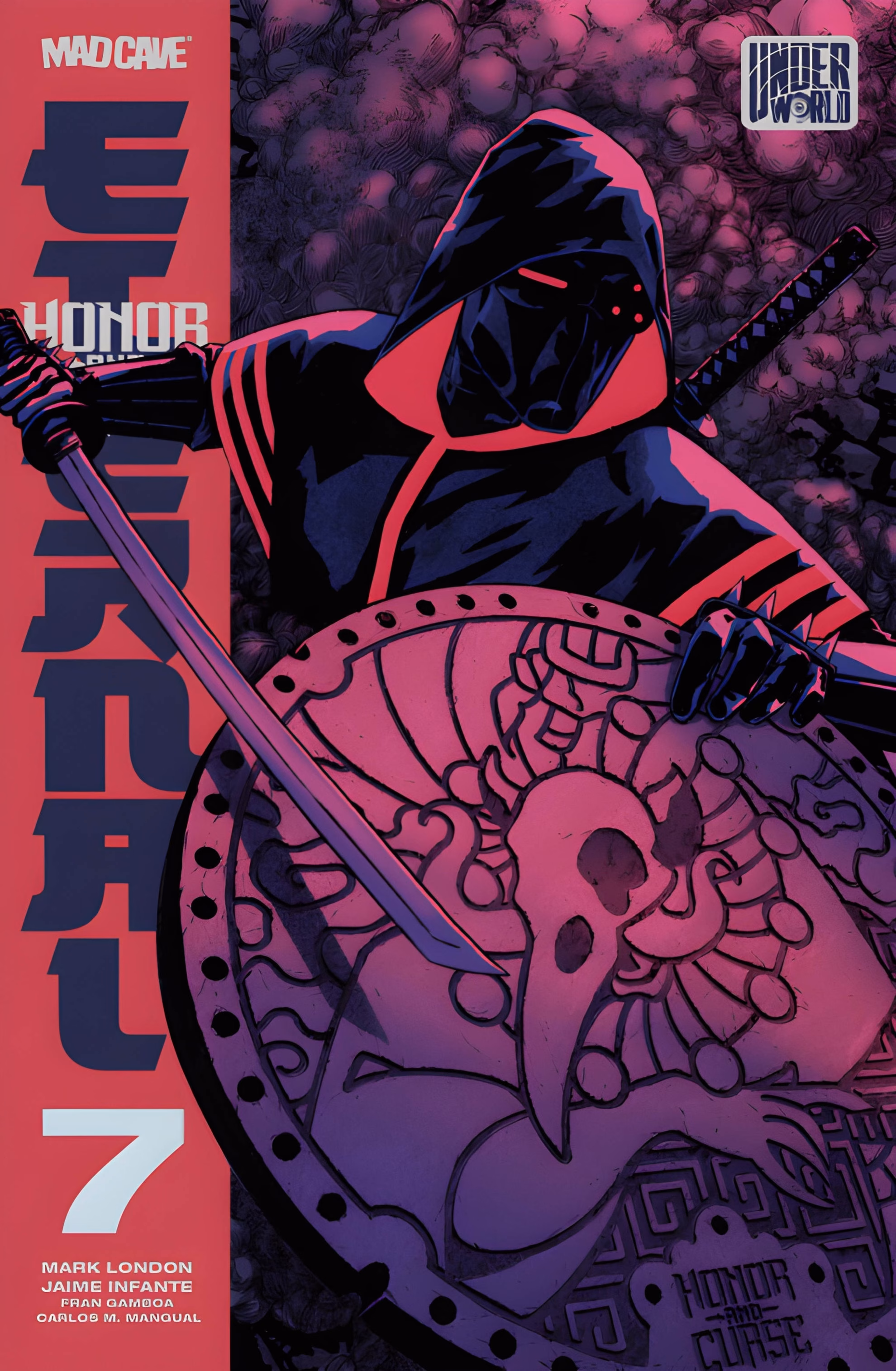 London’s ‘Honor and Curse: Eternal’ #7 and the Tengu’s Debt Comic book cover for ‘Honor and Curse: Eternal’ #7. A hooded ninja draws a katana while crouched behind a manhole cover engraved with a tengu.