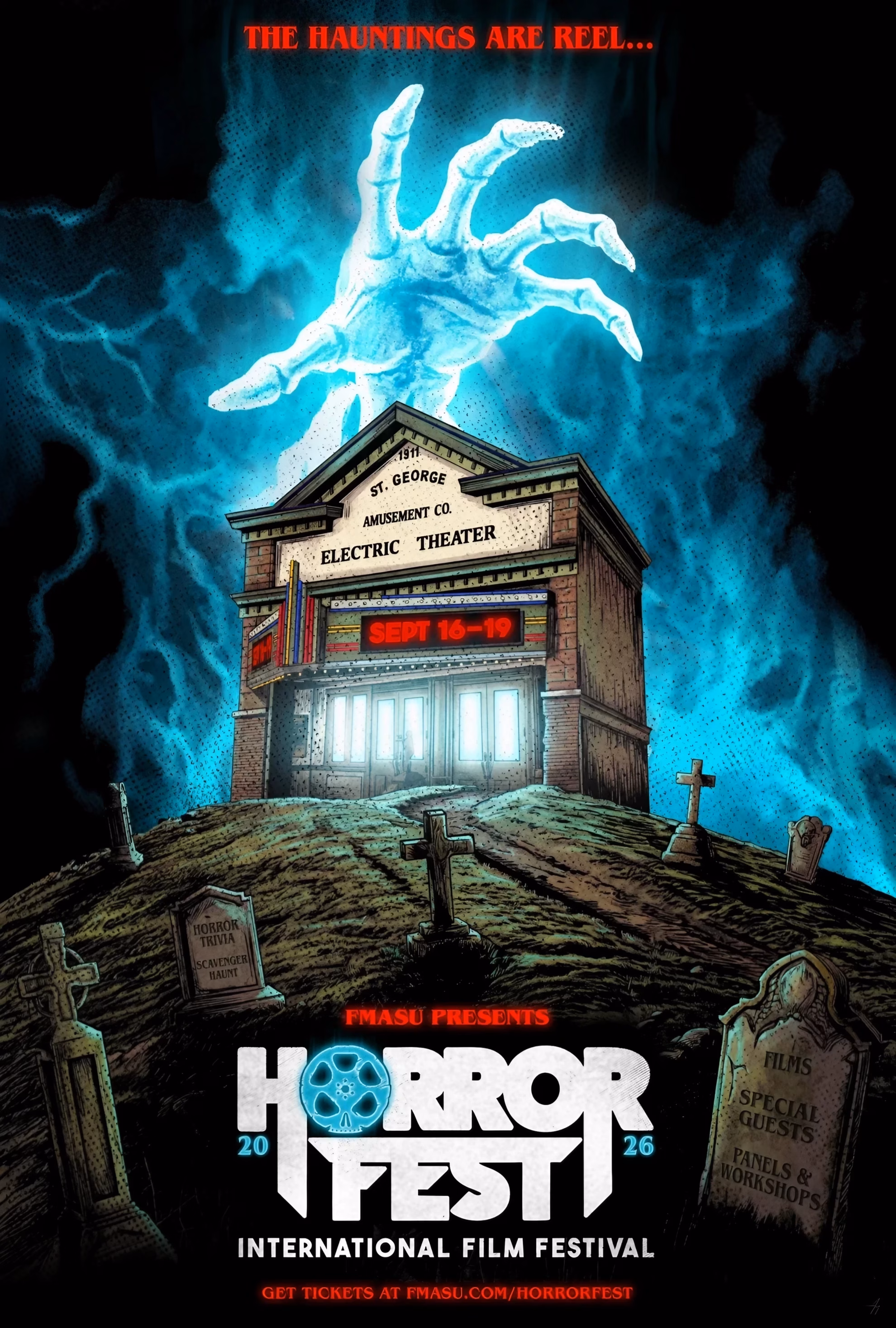 HorrorFest International Becomes Horror’s Closing Stop HorrorFest International 2026 poster: a skeletal hand rising over the Electric Theater.