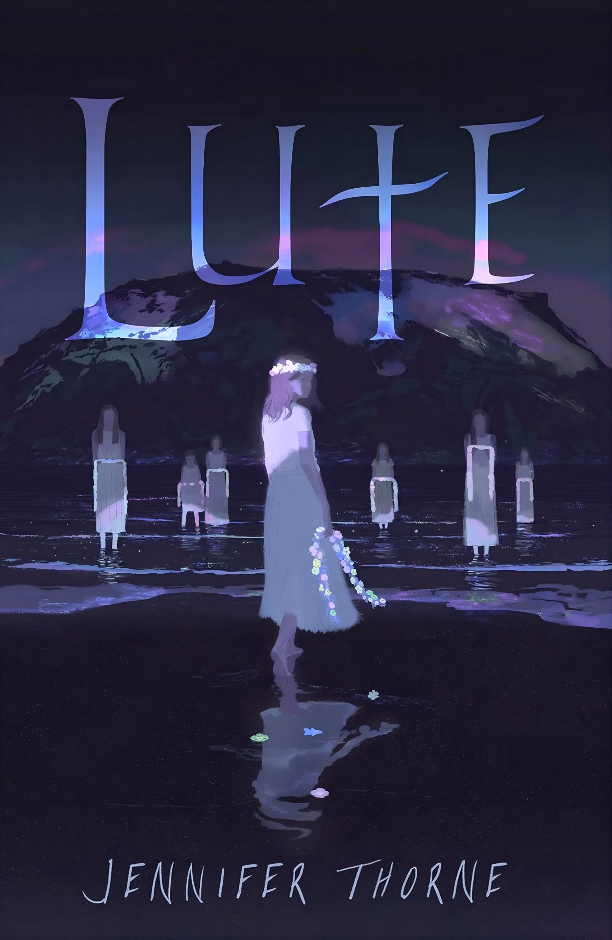 Jennifer Thorne Sends a Caregiver to ‘Newbourne Park’ ‘Lute’ by Jennifer Thorne: a garlanded girl facing six pale robed figures in shallow water.