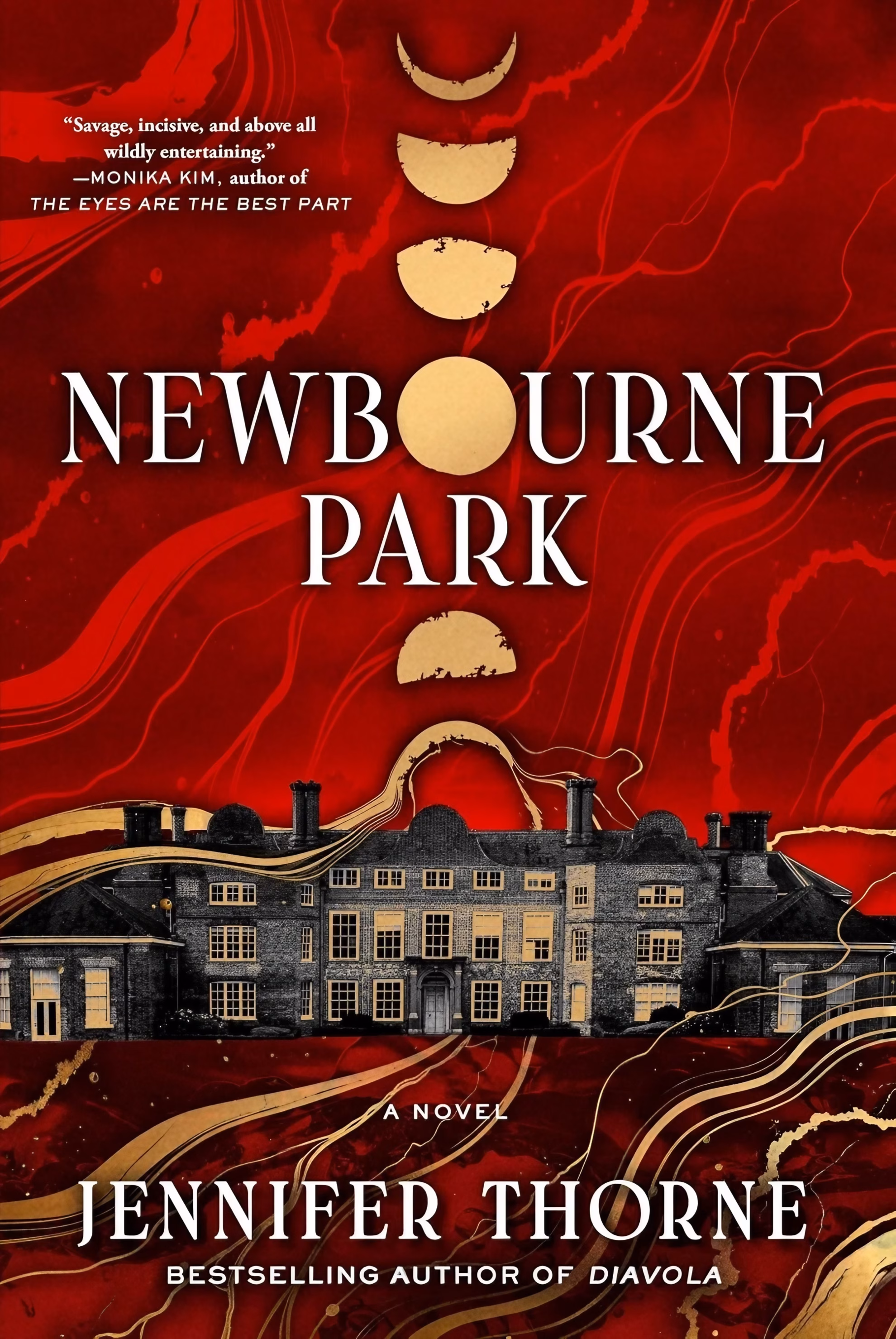 Jennifer Thorne Sends a Caregiver to ‘Newbourne Park’ ‘Newbourne Park’ by Jennifer Thorne: a gray manor under a red sky and gold moon phases.