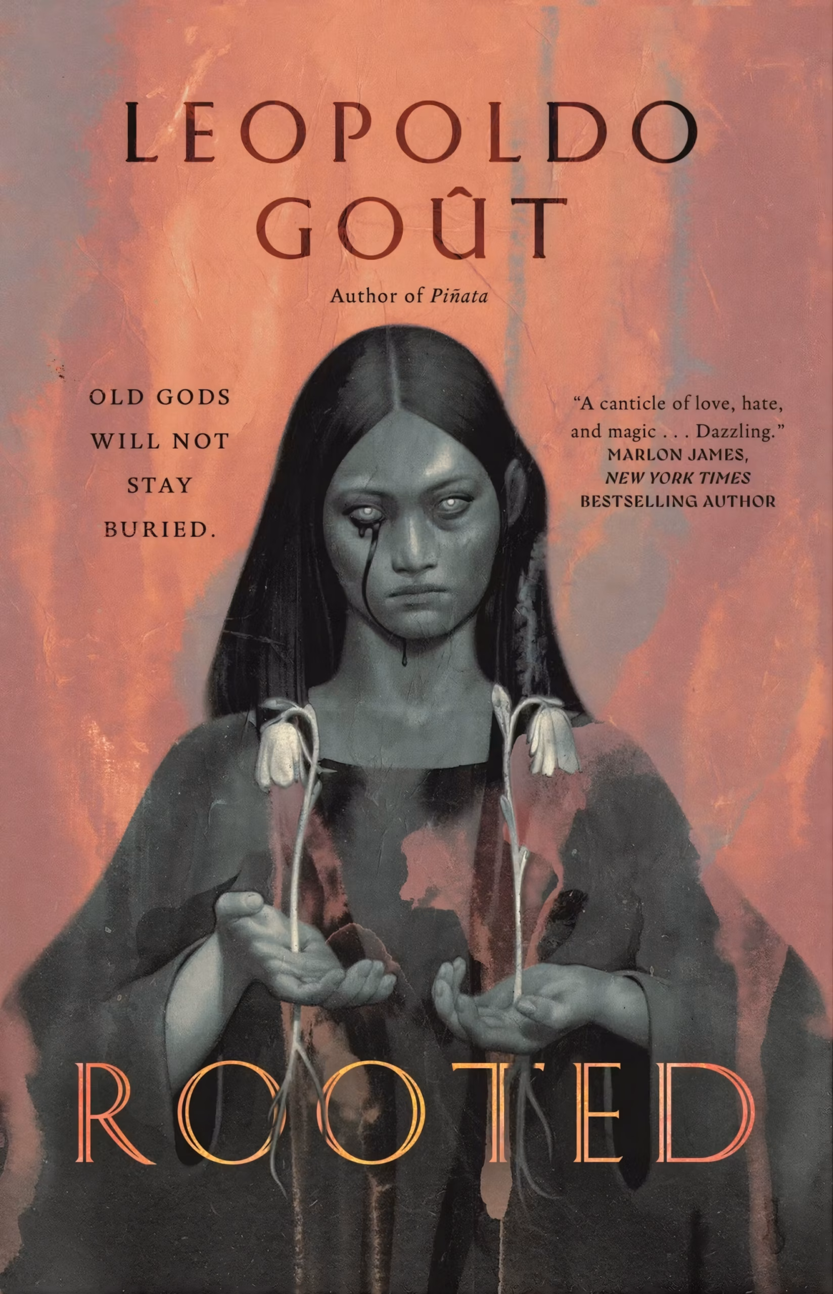 ‘Rooted’ by Leopoldo Goût: a young woman holding two wilted flowers, tear-streaked eyes.