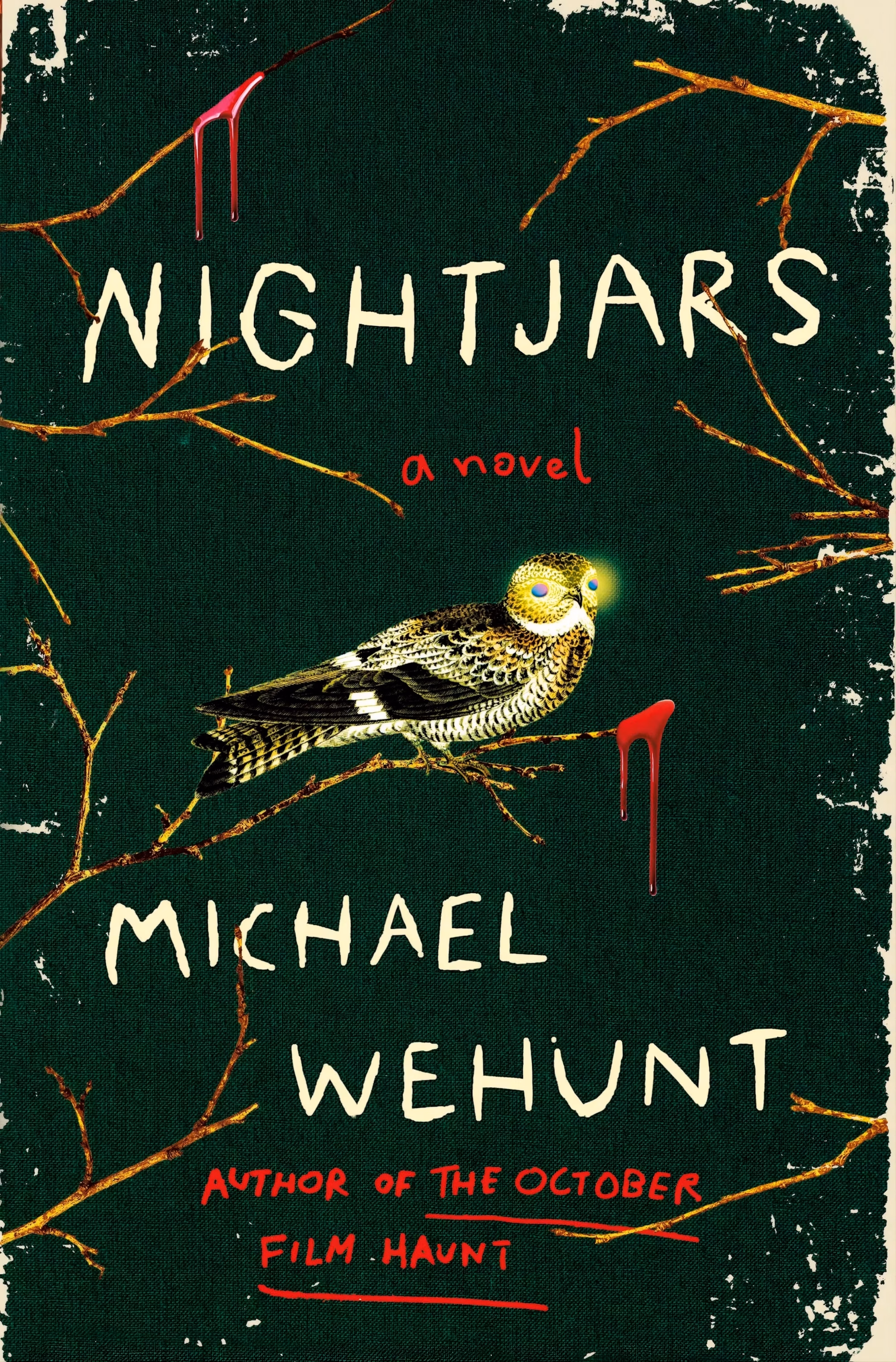 ‘Nightjars’ by Michael Wehunt, a nightjar with glowing eyes perched among bare branches dripping blood.
