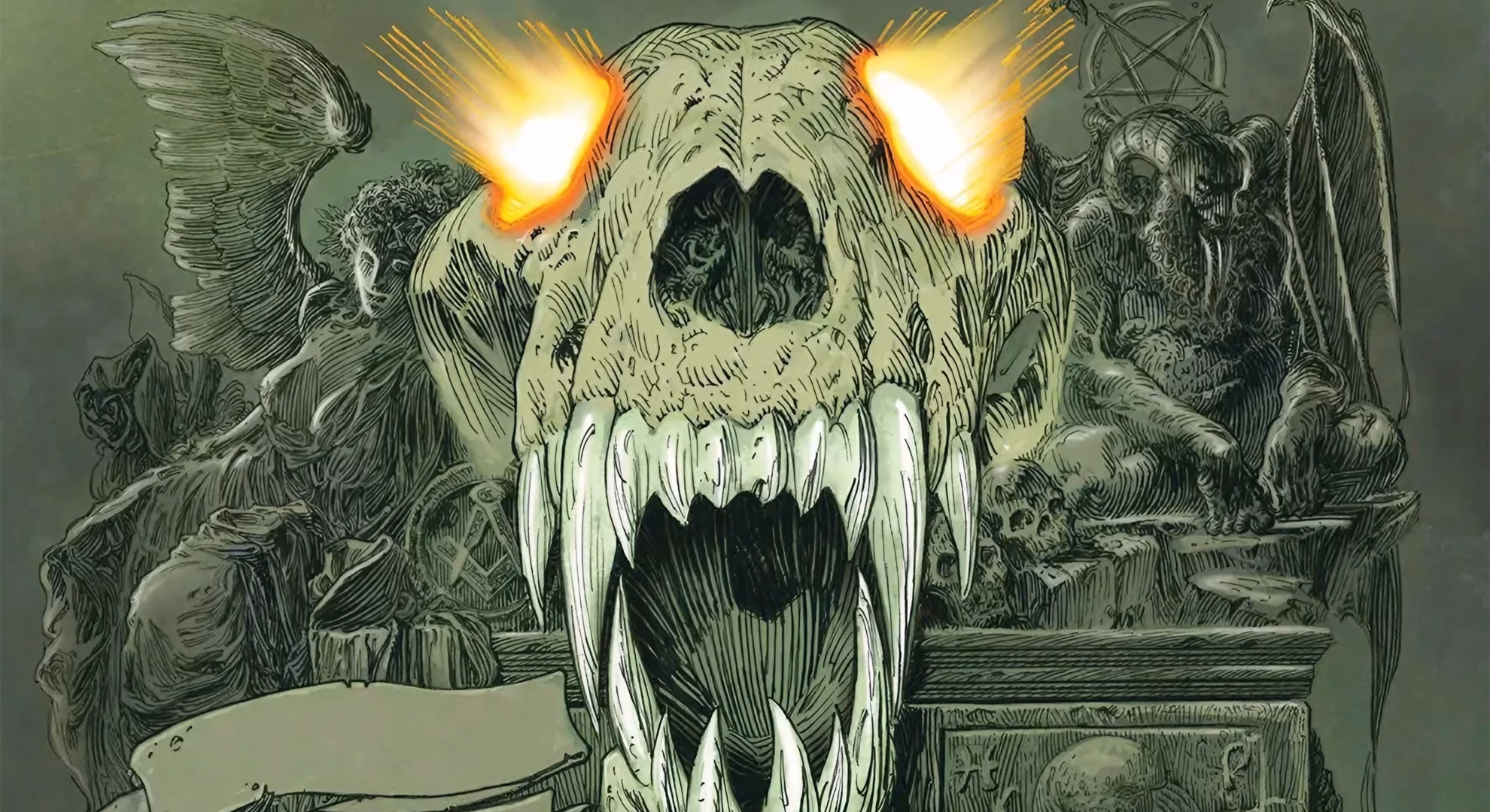 Mike Carey Turns Hunters Into Prey in ‘The Lycan’ ‘The Lycan’ #1 by Mike Carey, key art of a fanged beast skull with burning eyes set on a carved altar.