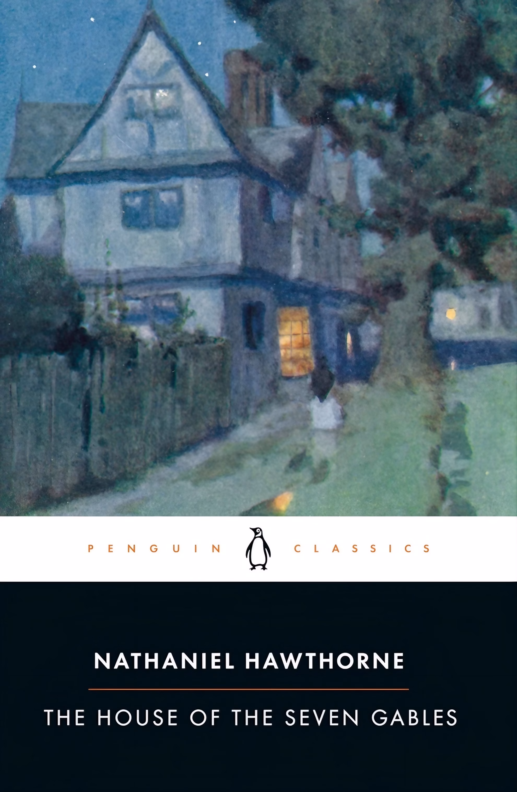 Kaufman Charts ‘Beyond the Graves Waits Mist and Sea’ ‘The House of the Seven Gables’ by Nathaniel Hawthorne: a gabled timber house at dusk with one lit window.