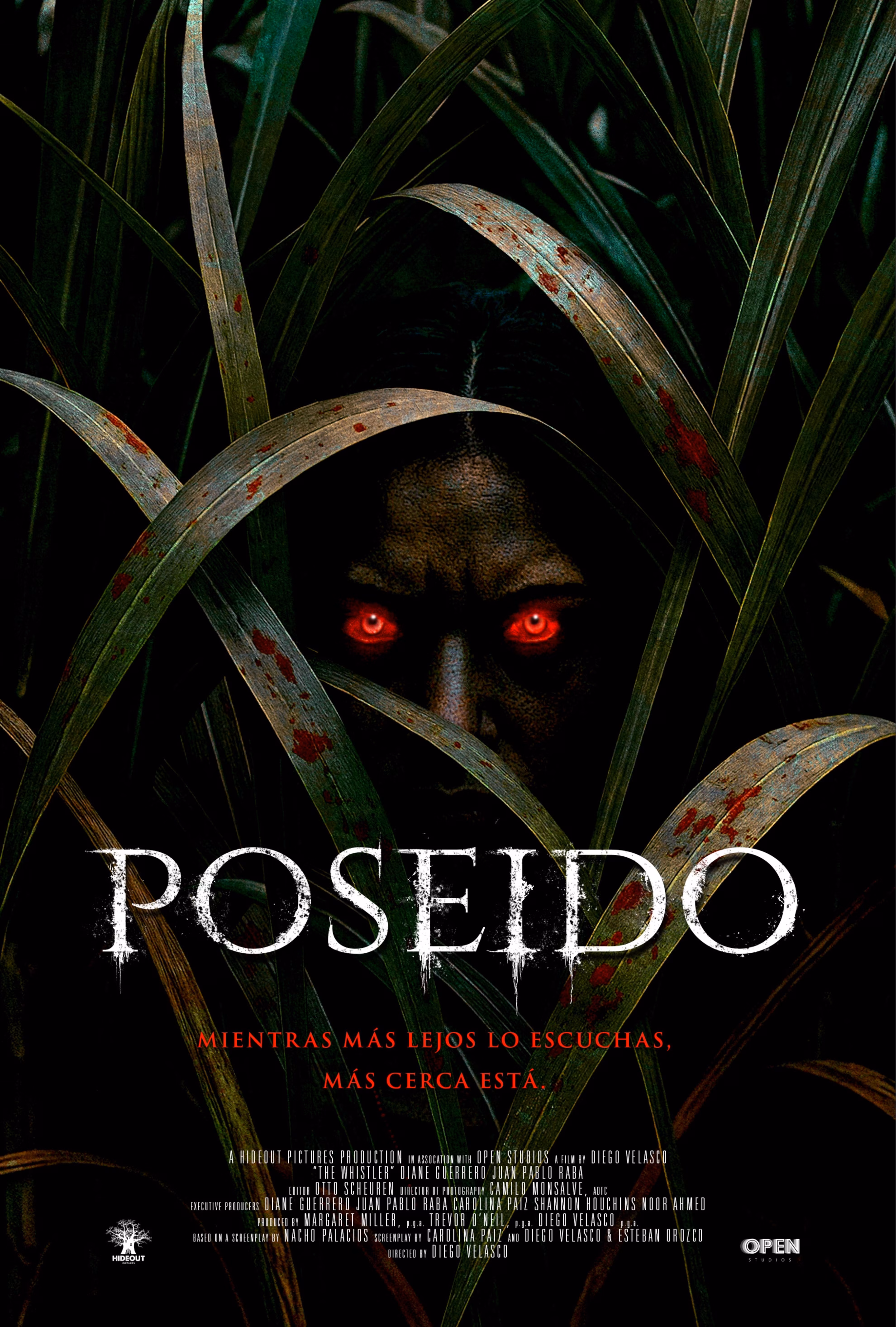 ‘Poseído’ poster: El Silbón’s eyes in blood-marked cane beside the film’s whistle tagline.