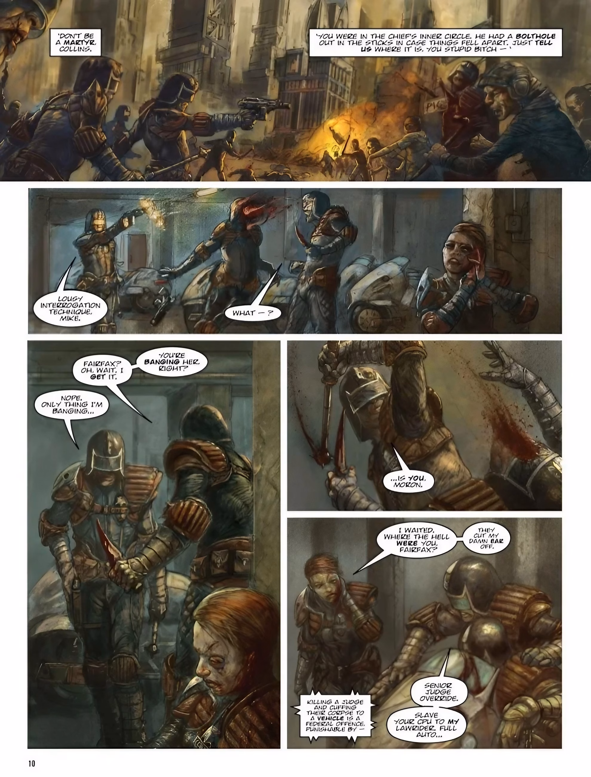 ‘The Fall of Deadworld’ interior page by Kek-W and Dave Kendall, Judge Fairfax killing a Judge during an interrogation.