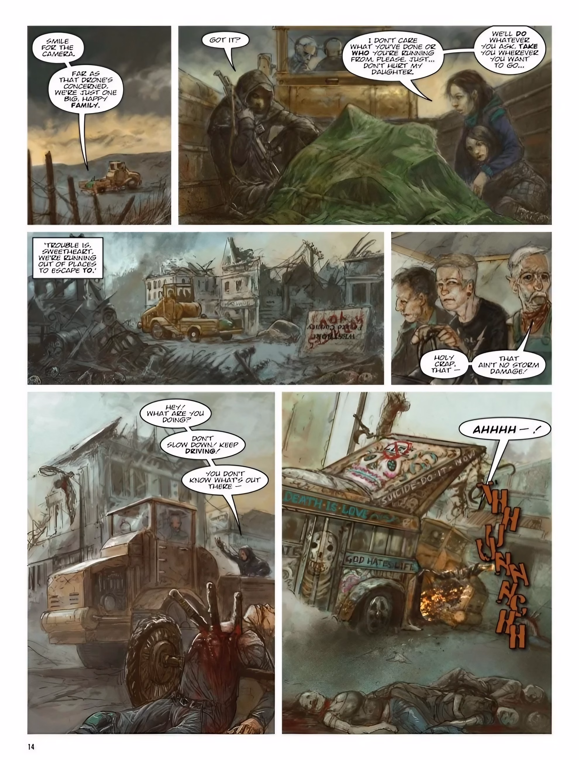 ‘The Fall of Deadworld’ interior page by Kek-W and Dave Kendall, a family fleeing in a truck past a death-cult bus.