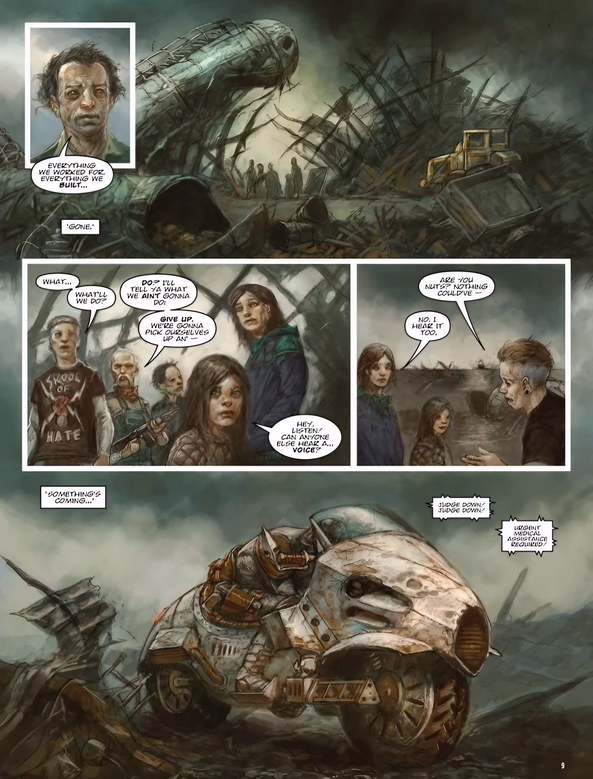 ‘The Fall of Deadworld’ interior page by Kek-W and Dave Kendall, farm survivors in wreckage as Byke rolls in.