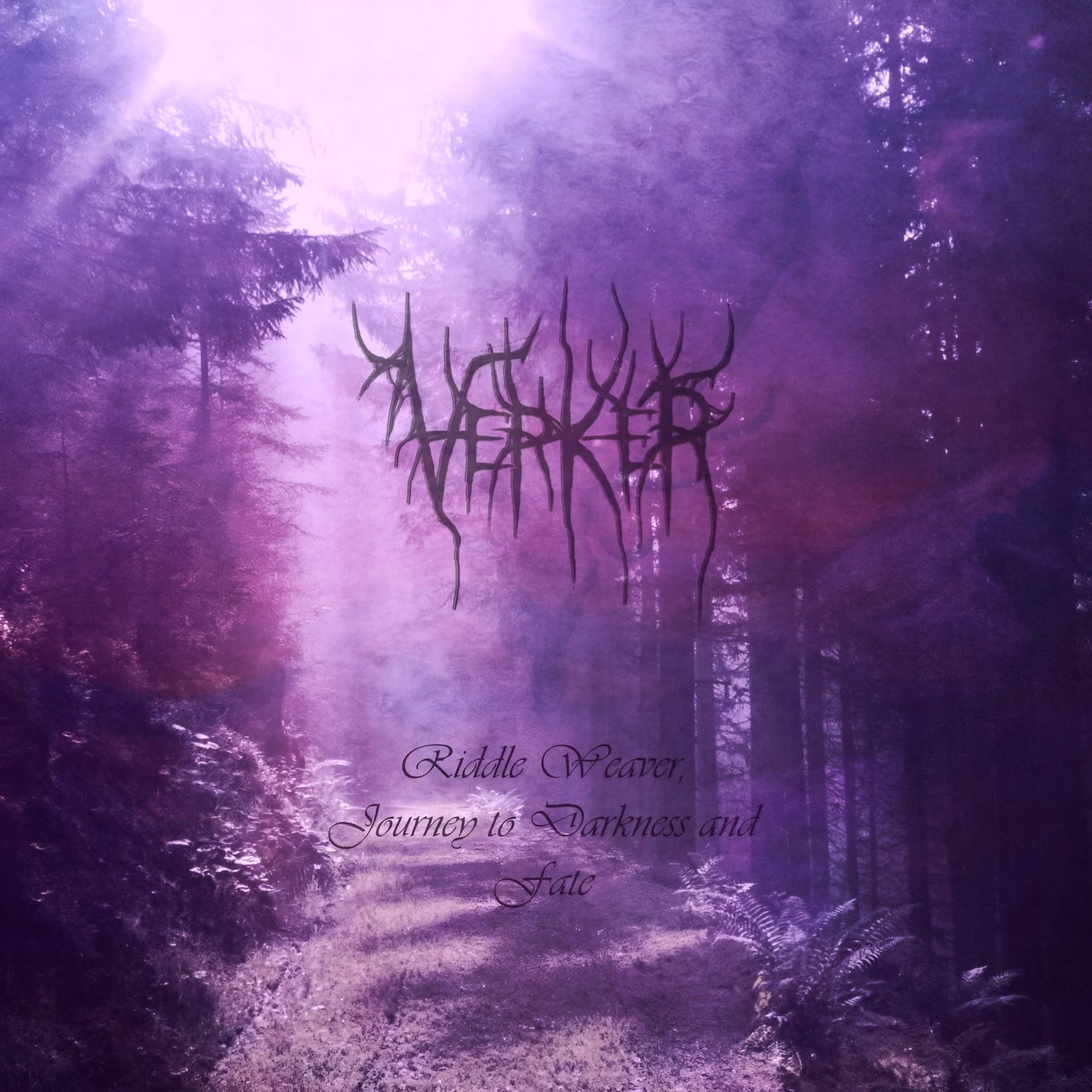 Verker Finally Completes ‘Twilight... (Røkkr, Act I)’ Verker, ‘Riddle Weaver, Journey to Darkness and Fate’: band logo over a misty purple forest path.