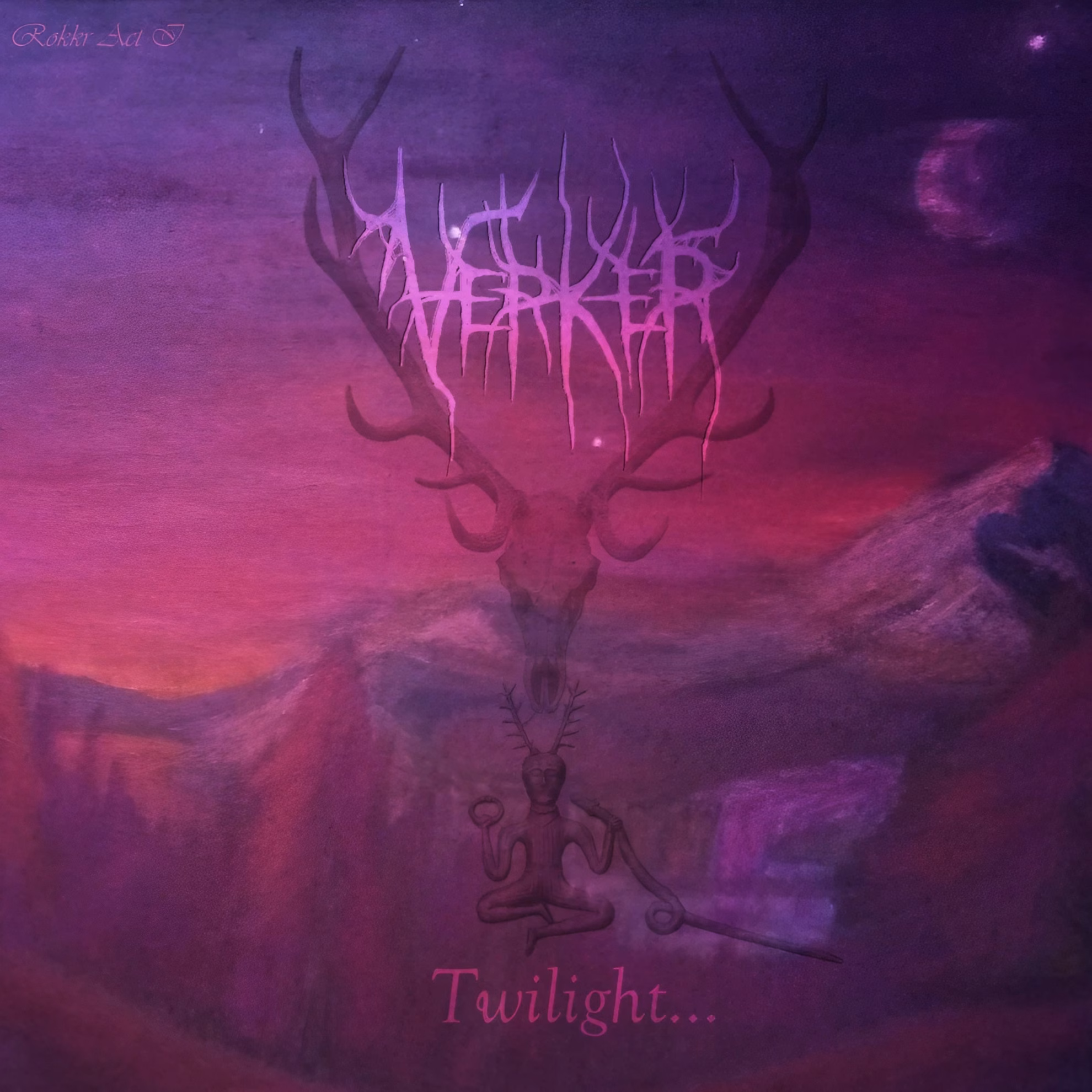 Verker Finally Completes ‘Twilight... (Røkkr, Act I)’ Verker, ‘Twilight... (Røkkr, Act I)’: antlered skull over a seated horned figure, dusk-purple sky.